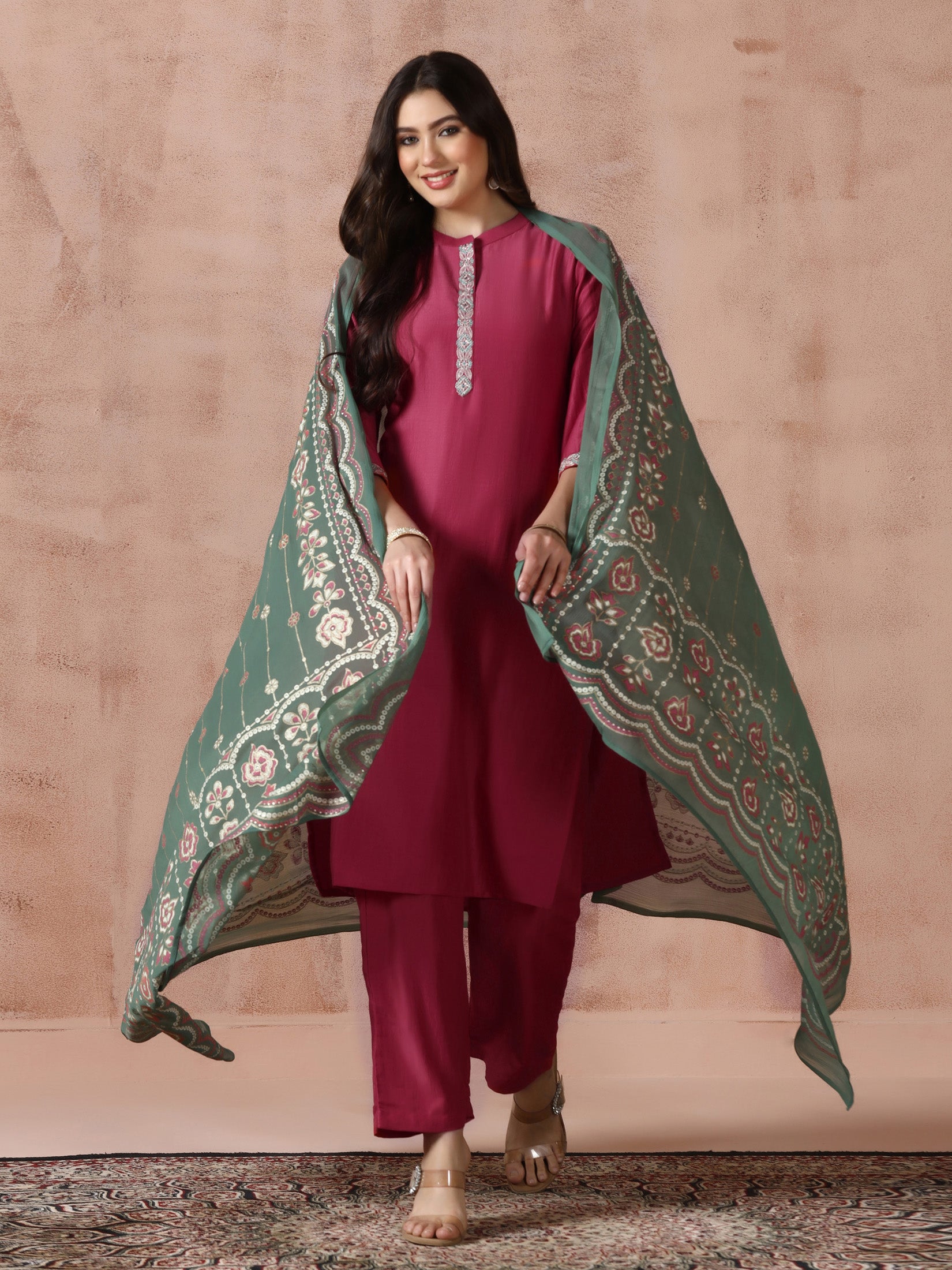 Women Liva Viscose Pink Embroidered Kurta Comfort Pant Dupatta
