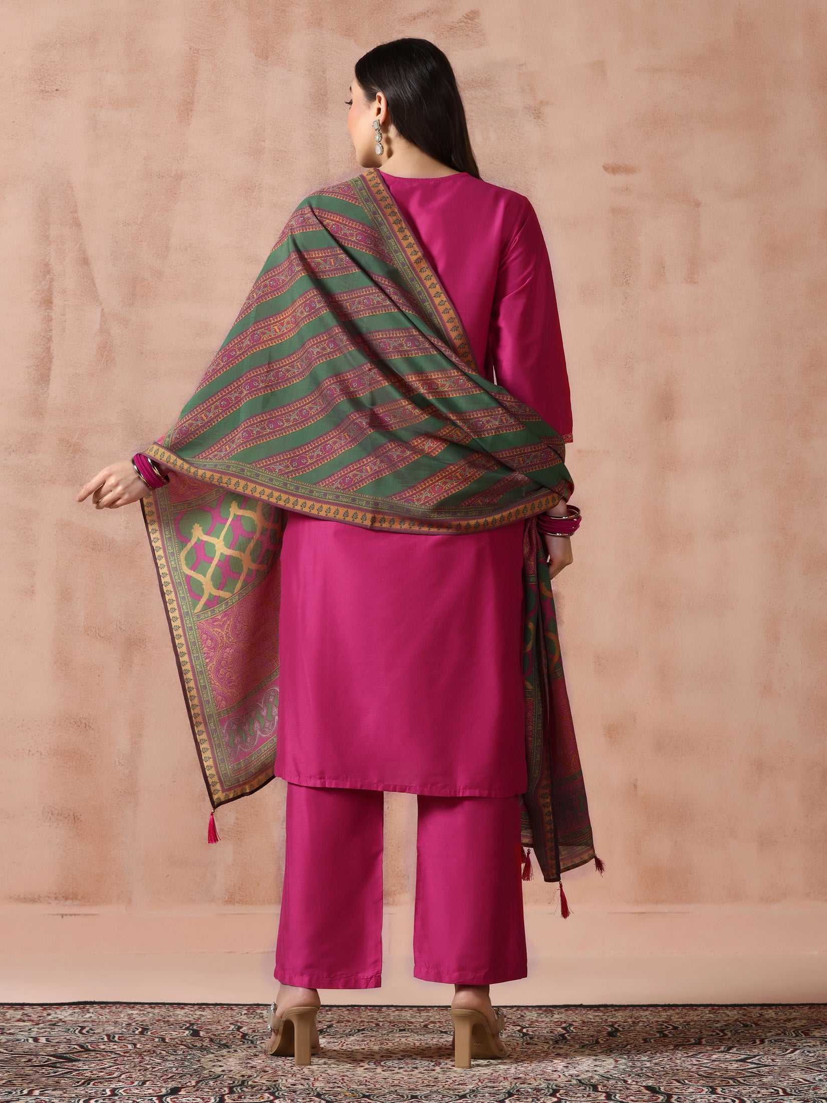 Women Silk Blend Fuchsia Embroidered Kurta Comfort Pant Dupatta