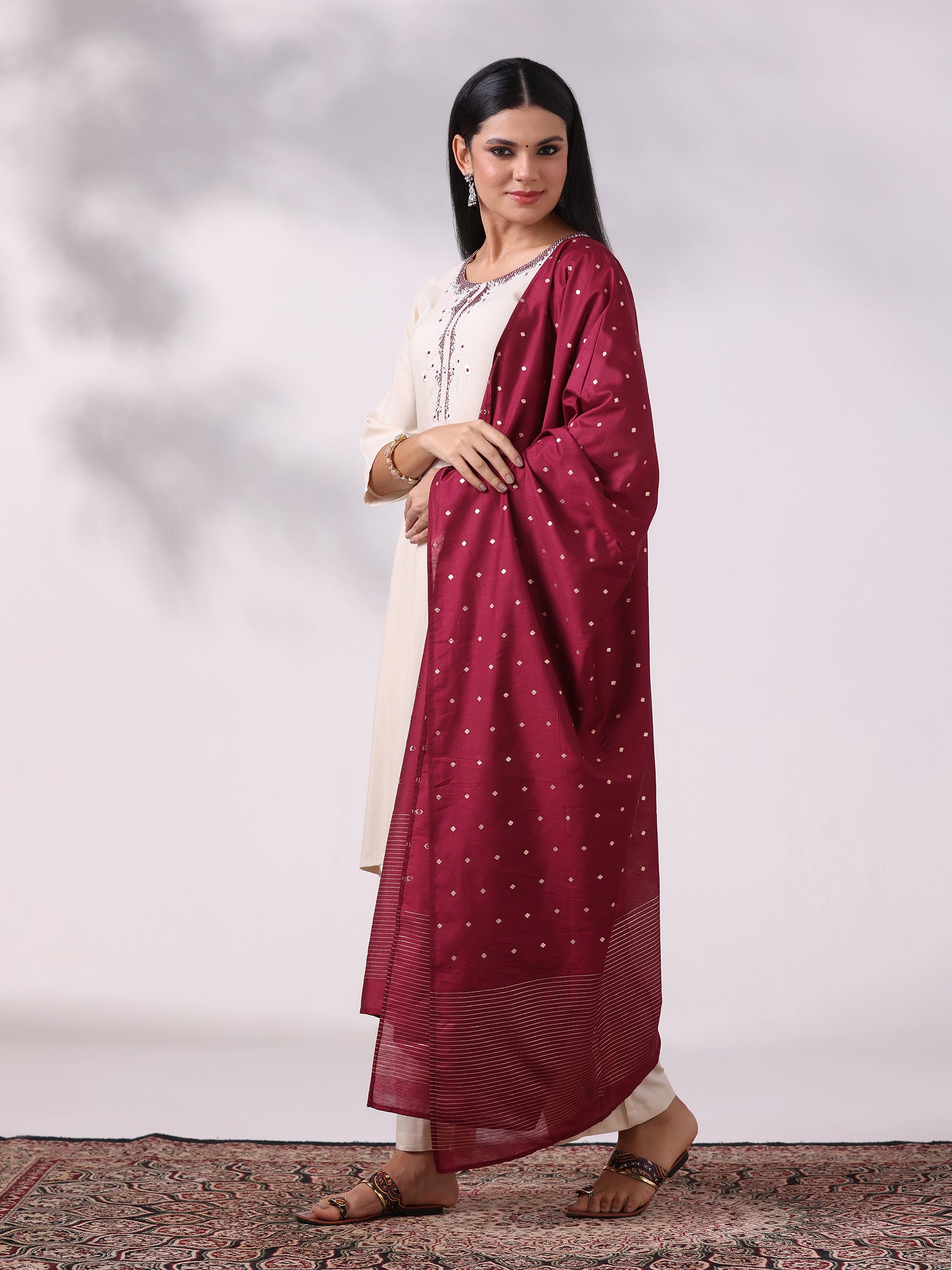 Women Liva Off White Embroidered Kurta Comfort Pant Dupatta