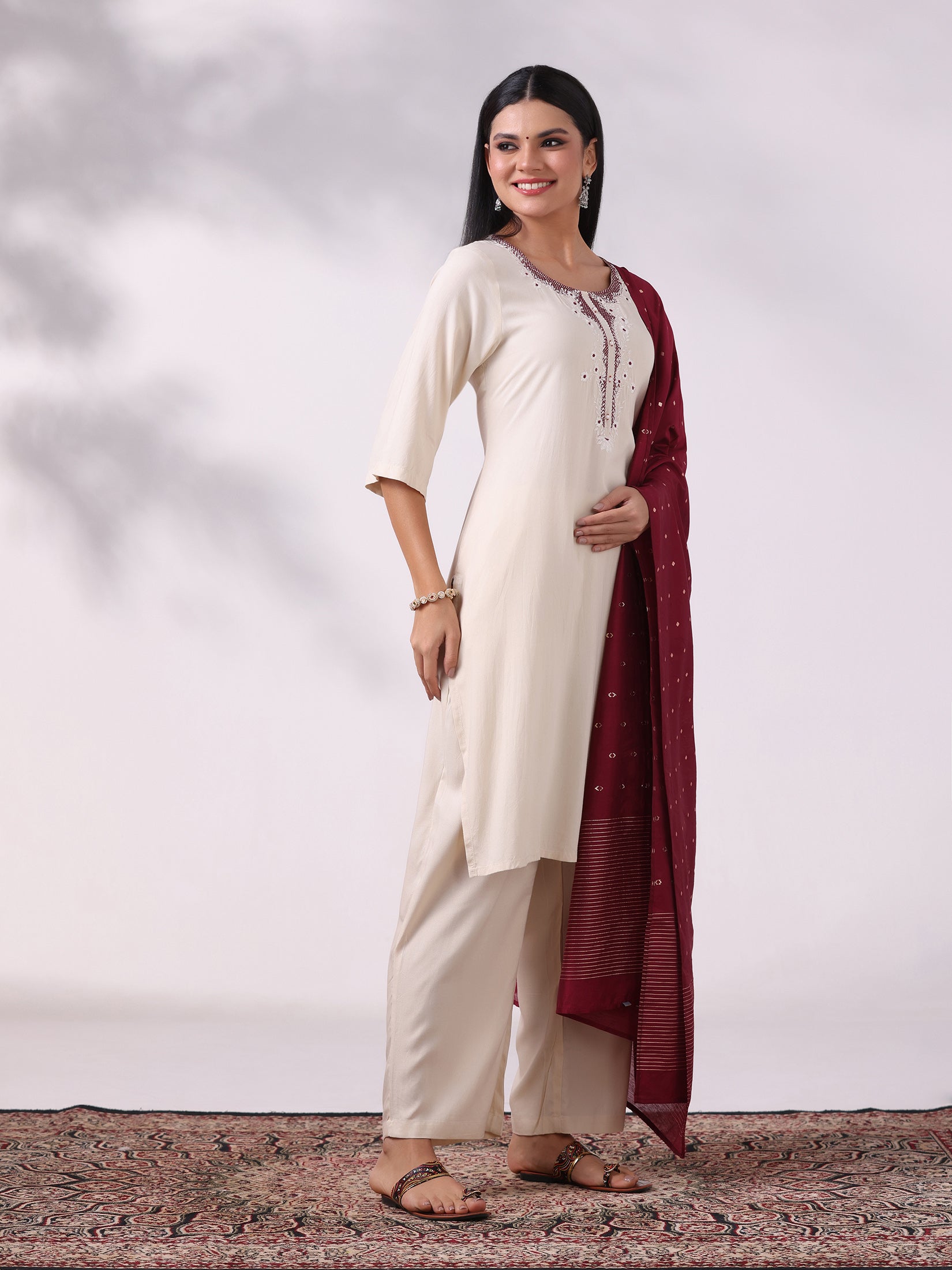 Women Liva Off White Embroidered Kurta Comfort Pant Dupatta