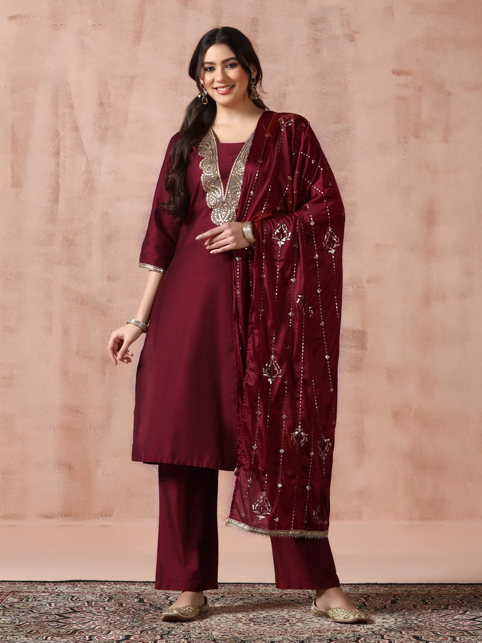 Women Silk Blend Maroon Embroidered Kurta Comfort Pant Dupatta
