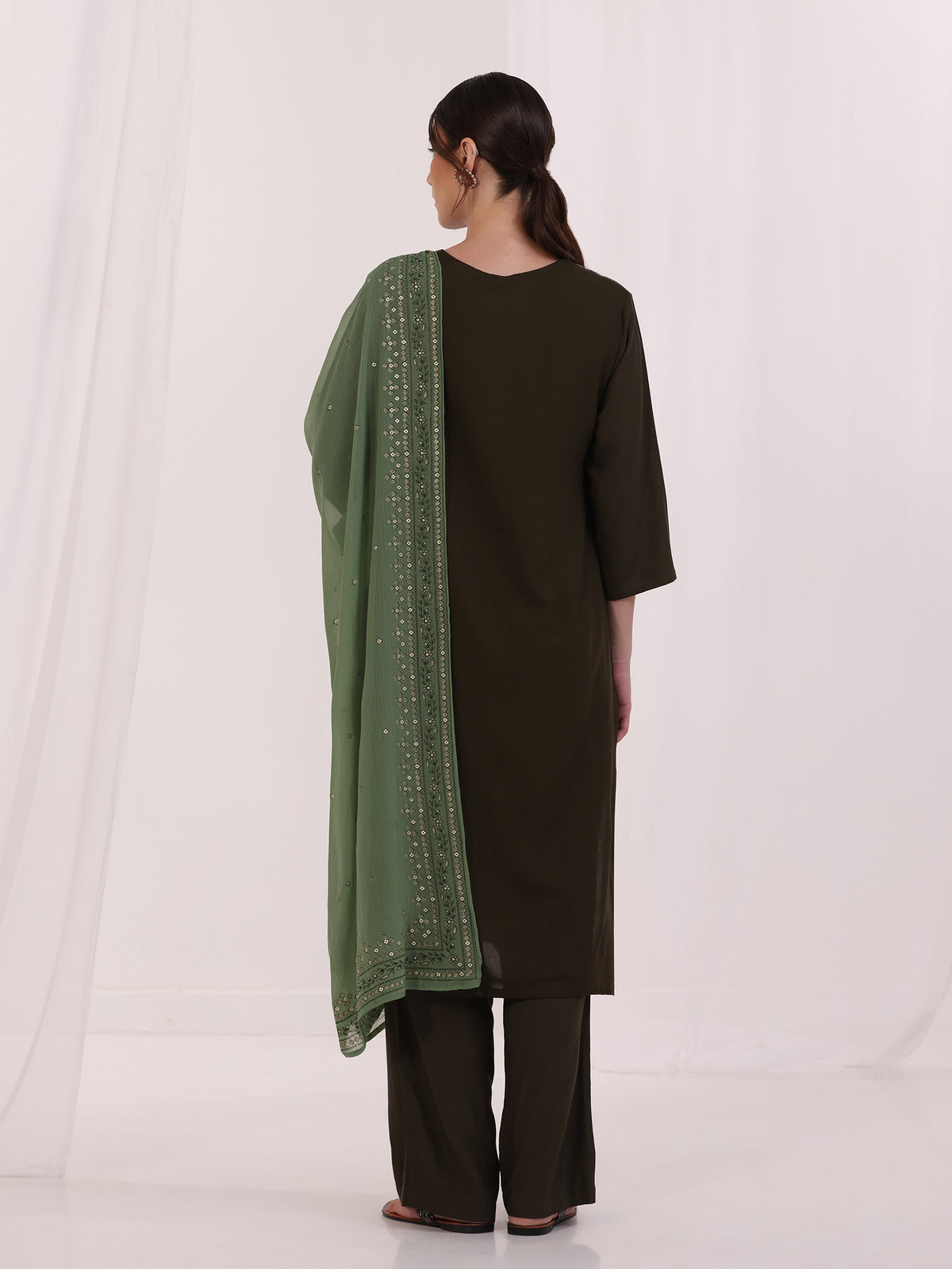 Women Liva Olive Embroidered Kurta Comfort Pant Dupatta