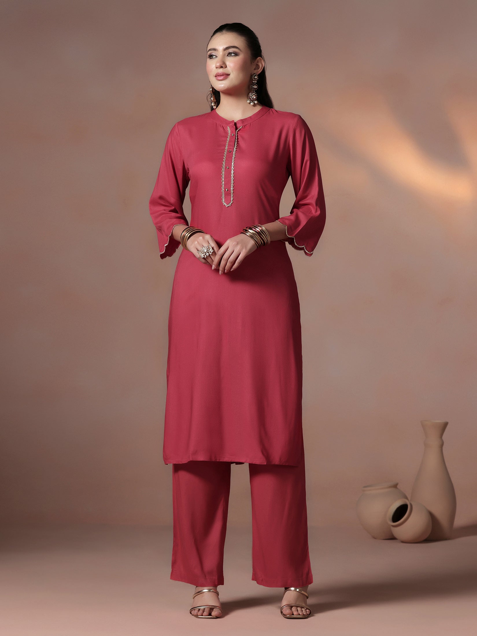 Women Liva Pink Solid Kurta Comfort Pant Dupatta