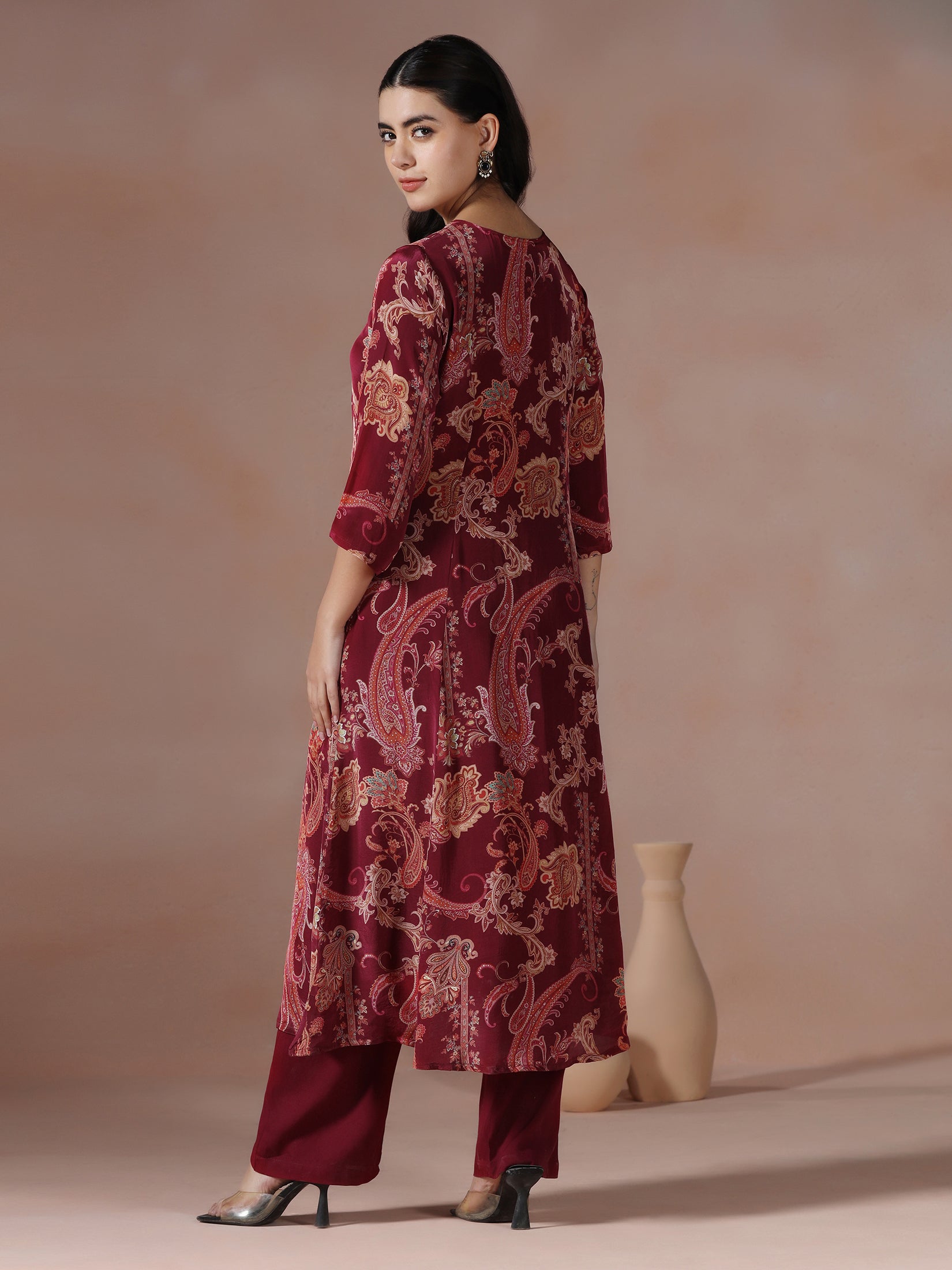 Women Crepe Burgundy Printed Kurta With Comfort Pant
