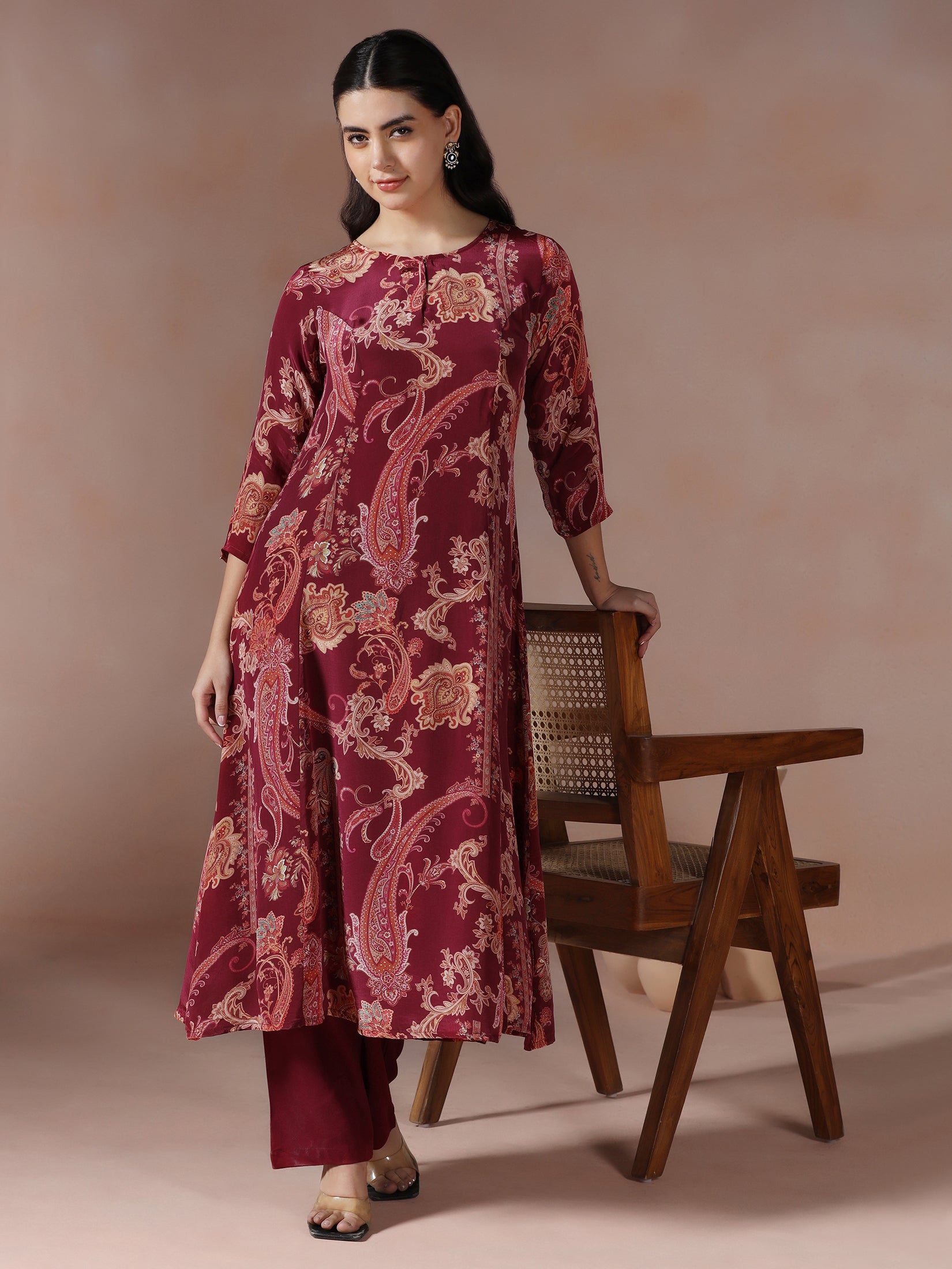 Women Crepe Burgundy Printed Kurta With Comfort Pant
