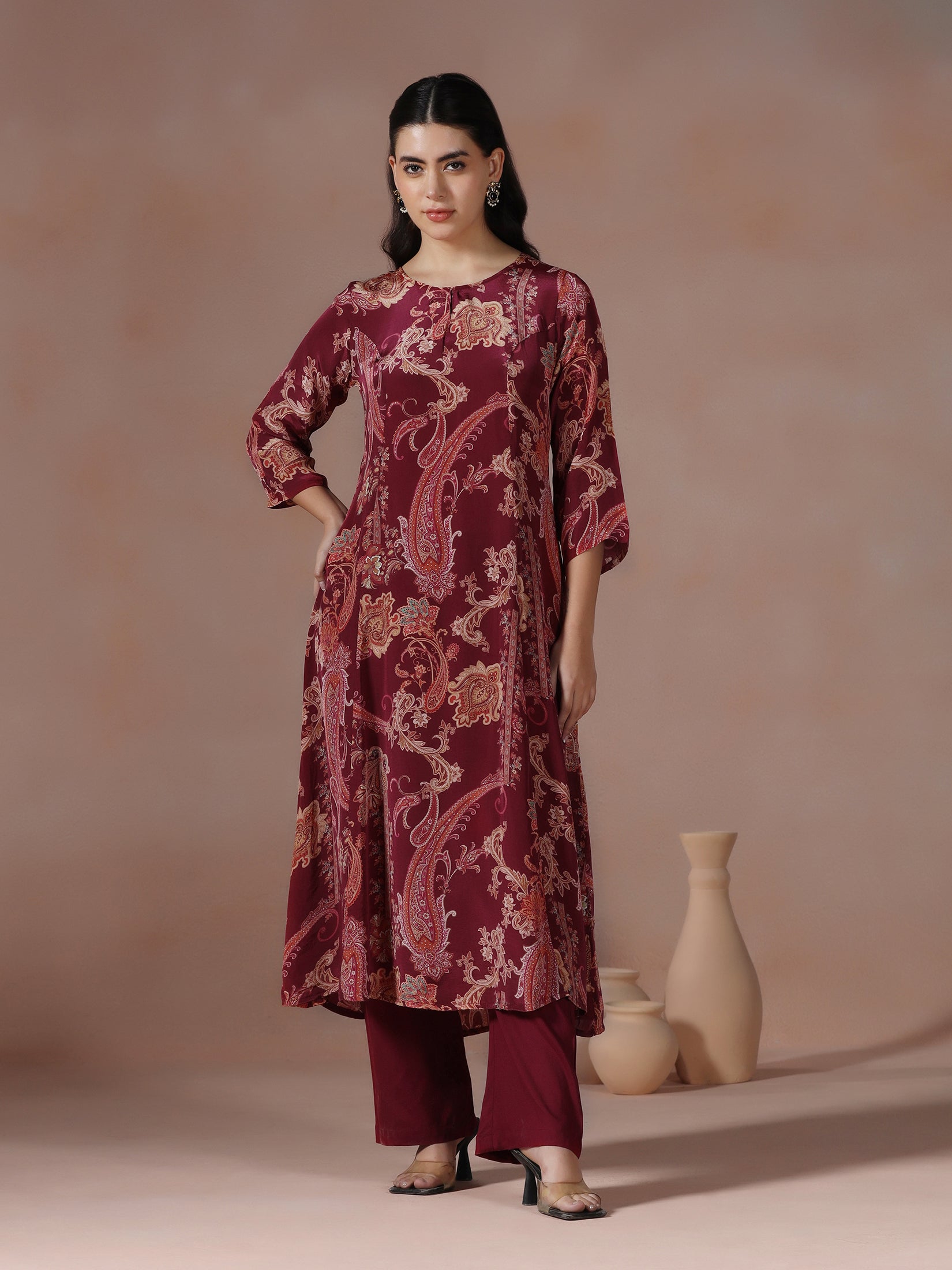 Women Crepe Burgundy Printed Kurta With Comfort Pant