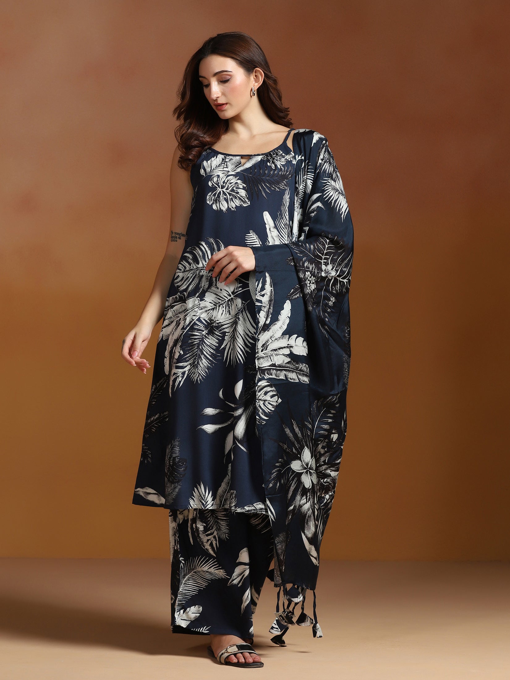 Women Liva Indigo Printed Kurta Wide Leg Pant Dupatta