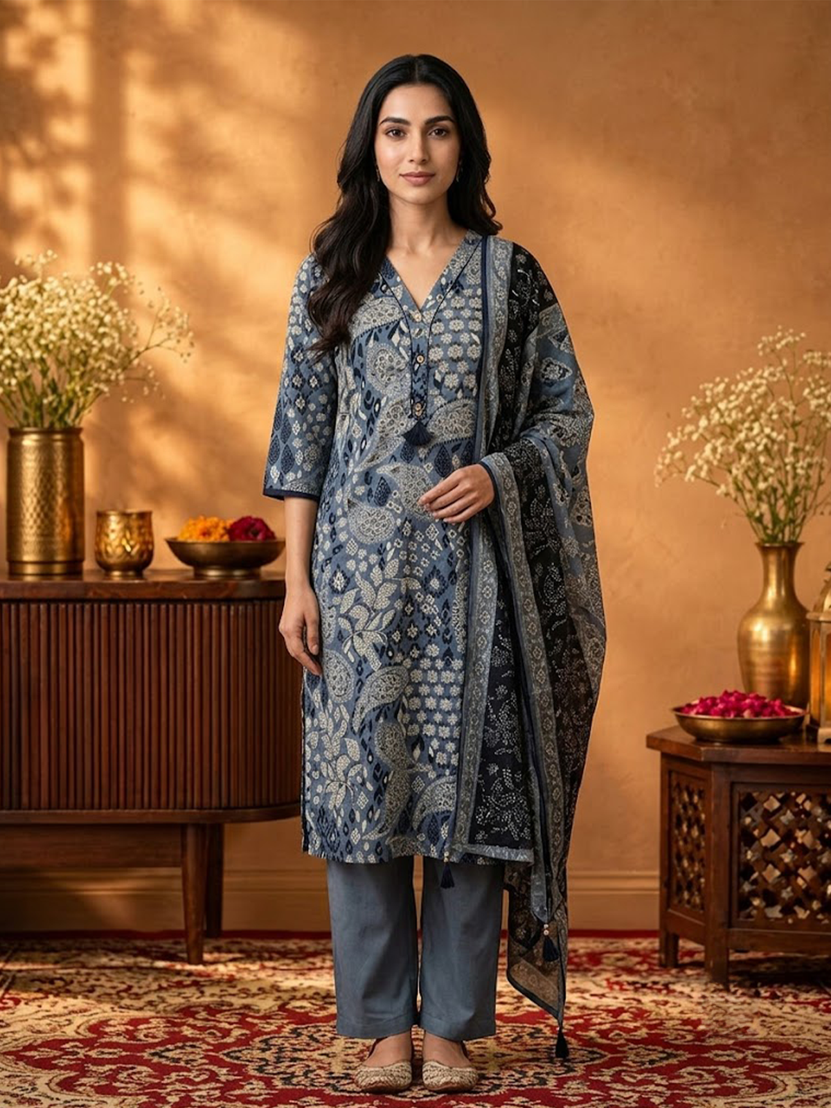 Women Indigo Printed  Kurta Comfort Pant Dupatta