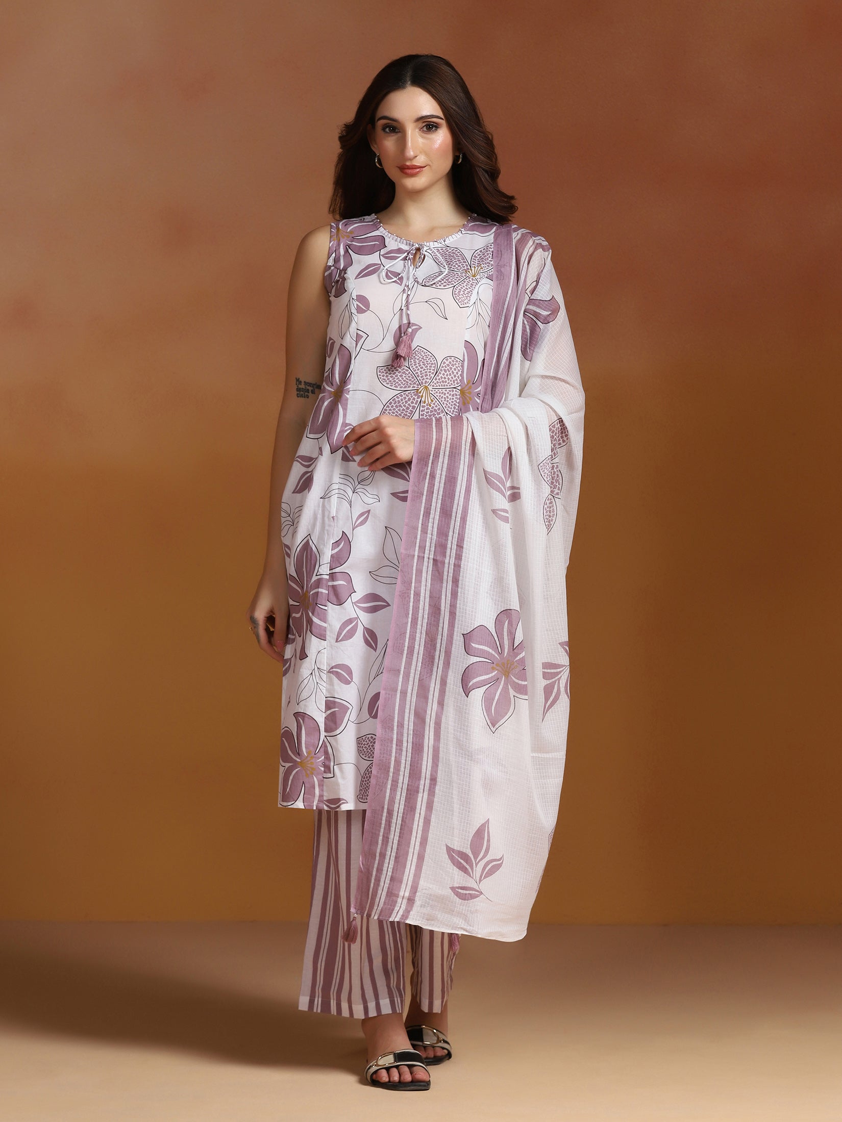 Women Cotton Off-white and Purple Printed Kurta Comfort Pant Dupatta
