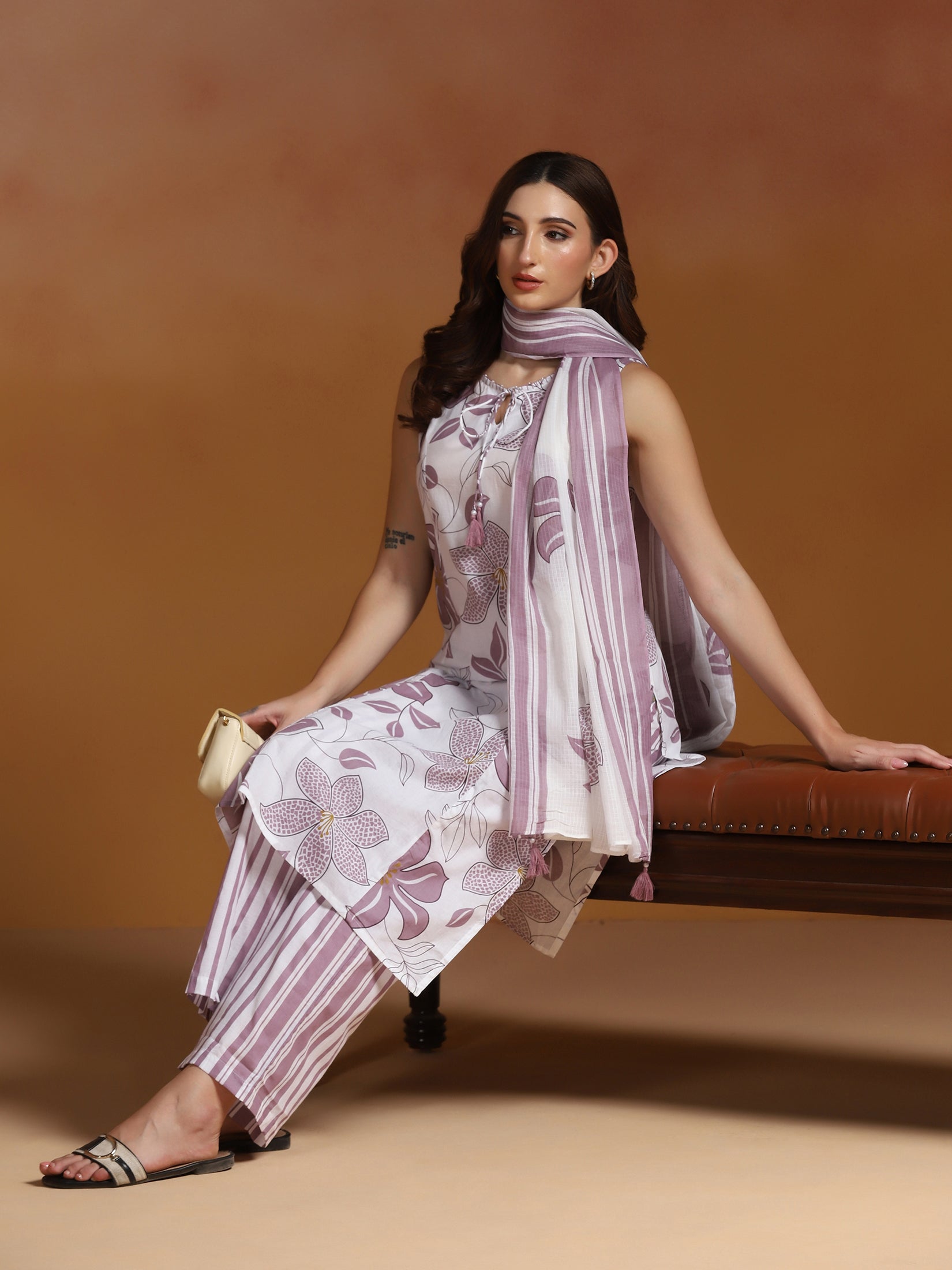 Women Cotton Off-white and Purple Printed Kurta Comfort Pant Dupatta