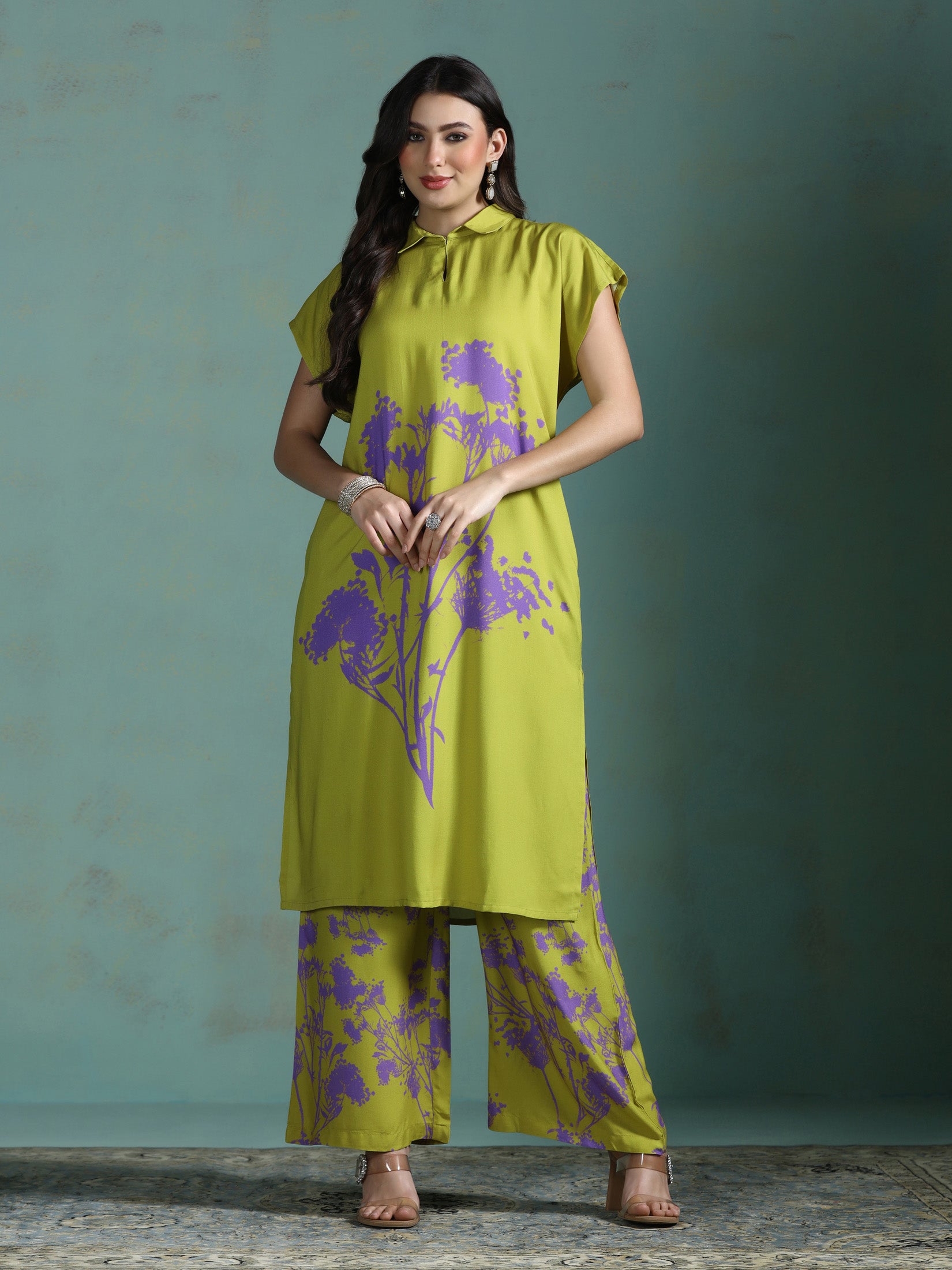 Women Liva Green Printed Kurta With Wide Leg Pant