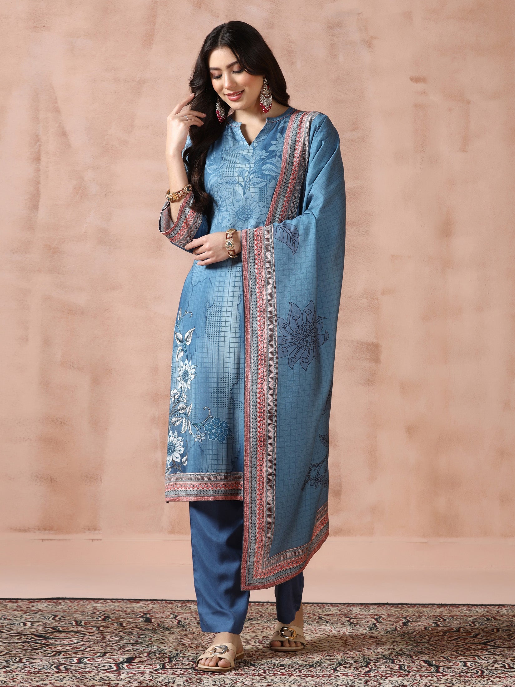 Women Liva Blue Printed Kurta Comfort Pant Dupatta