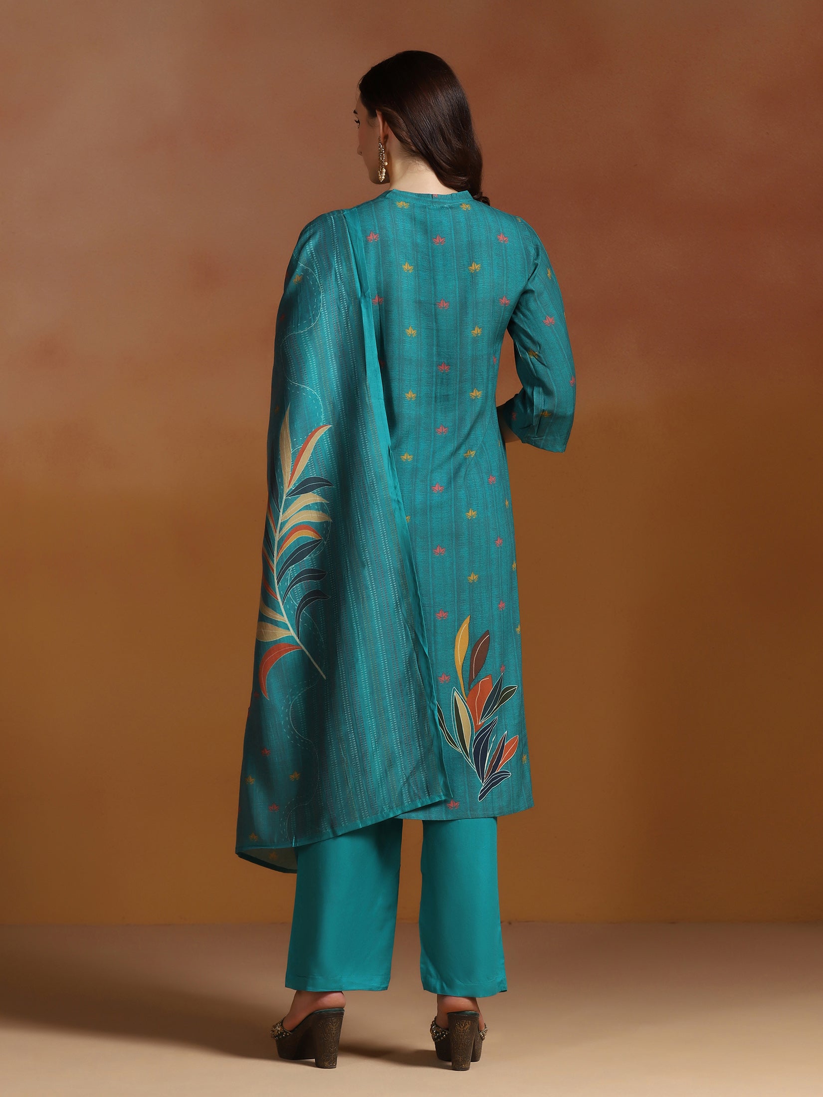 Women Liva Teal Blue Printed Kurta Comfort Pant Dupatta