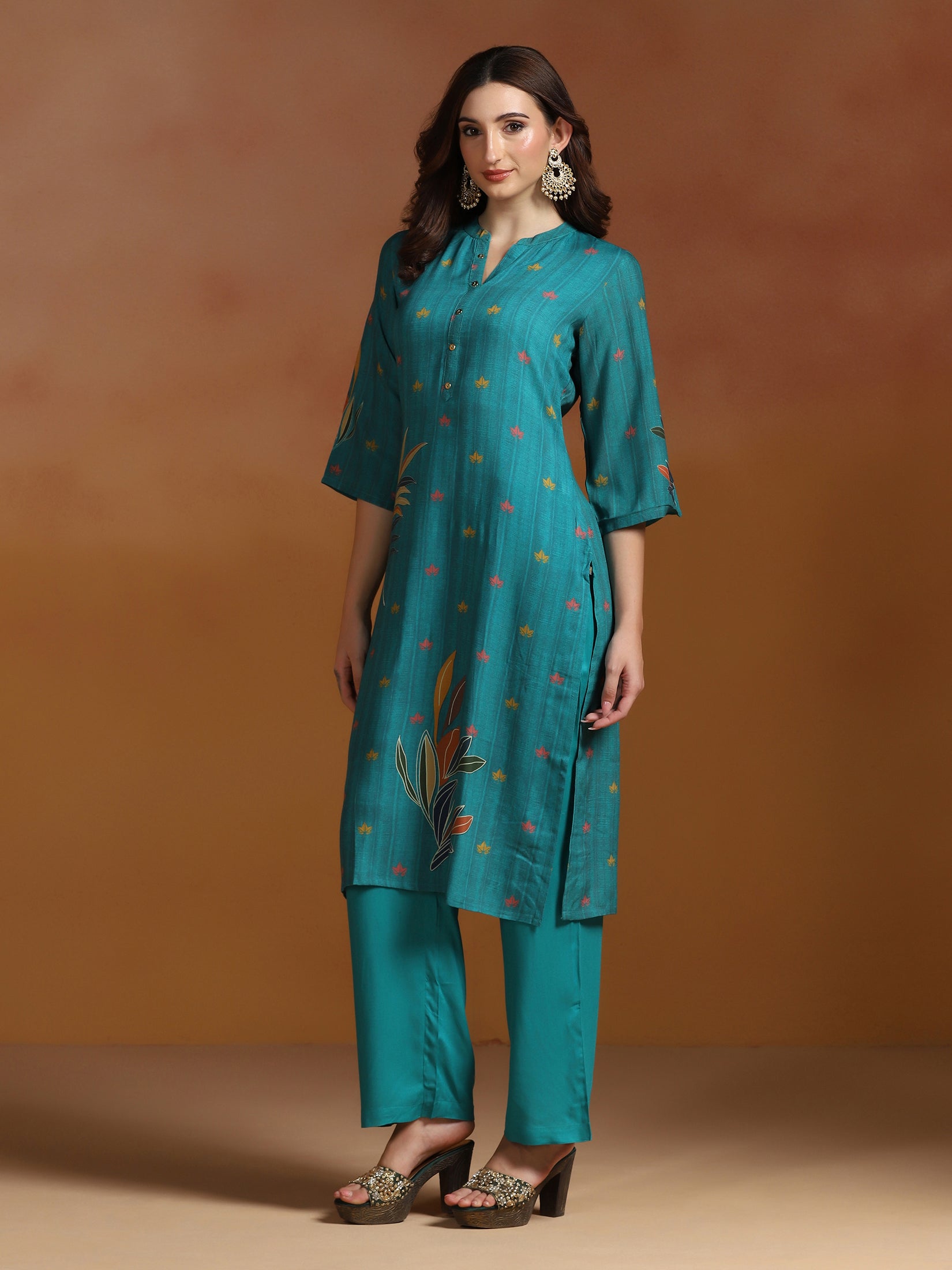 Women Liva Teal Blue Printed Kurta Comfort Pant Dupatta