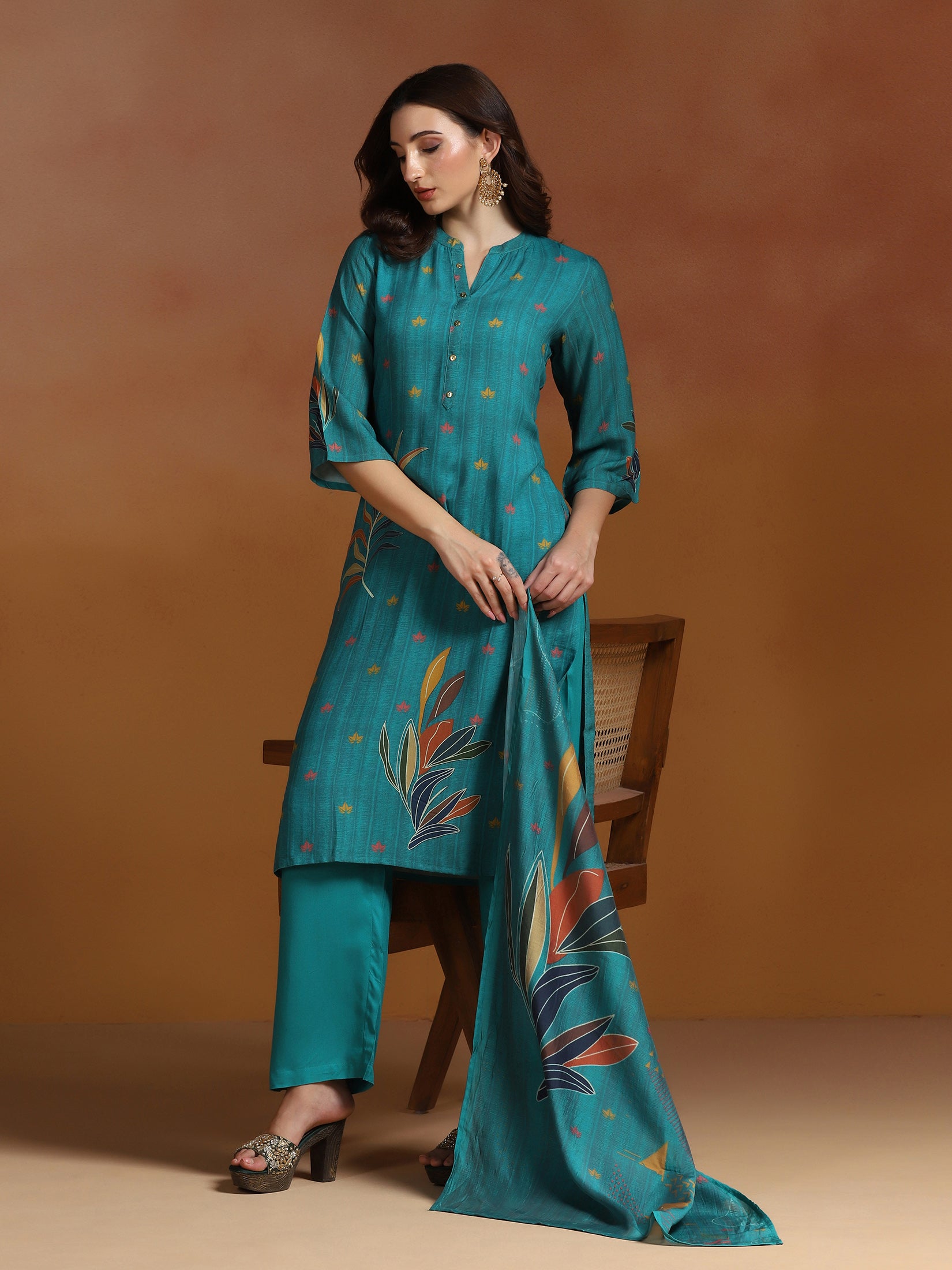 Women Liva Teal Blue Printed Kurta Comfort Pant Dupatta