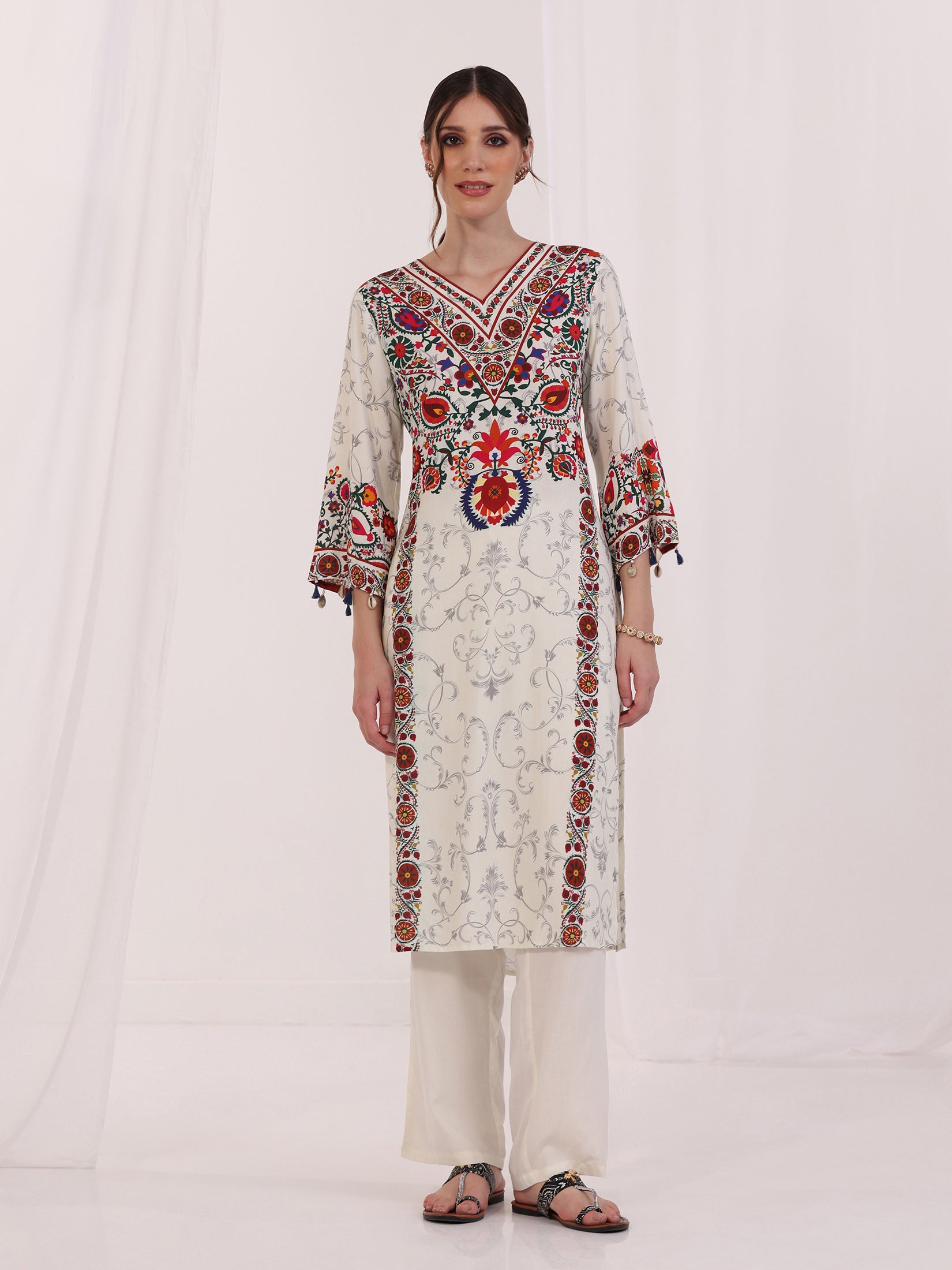 Women Liva Off White Printed Kurta Comfort Pant Dupatta