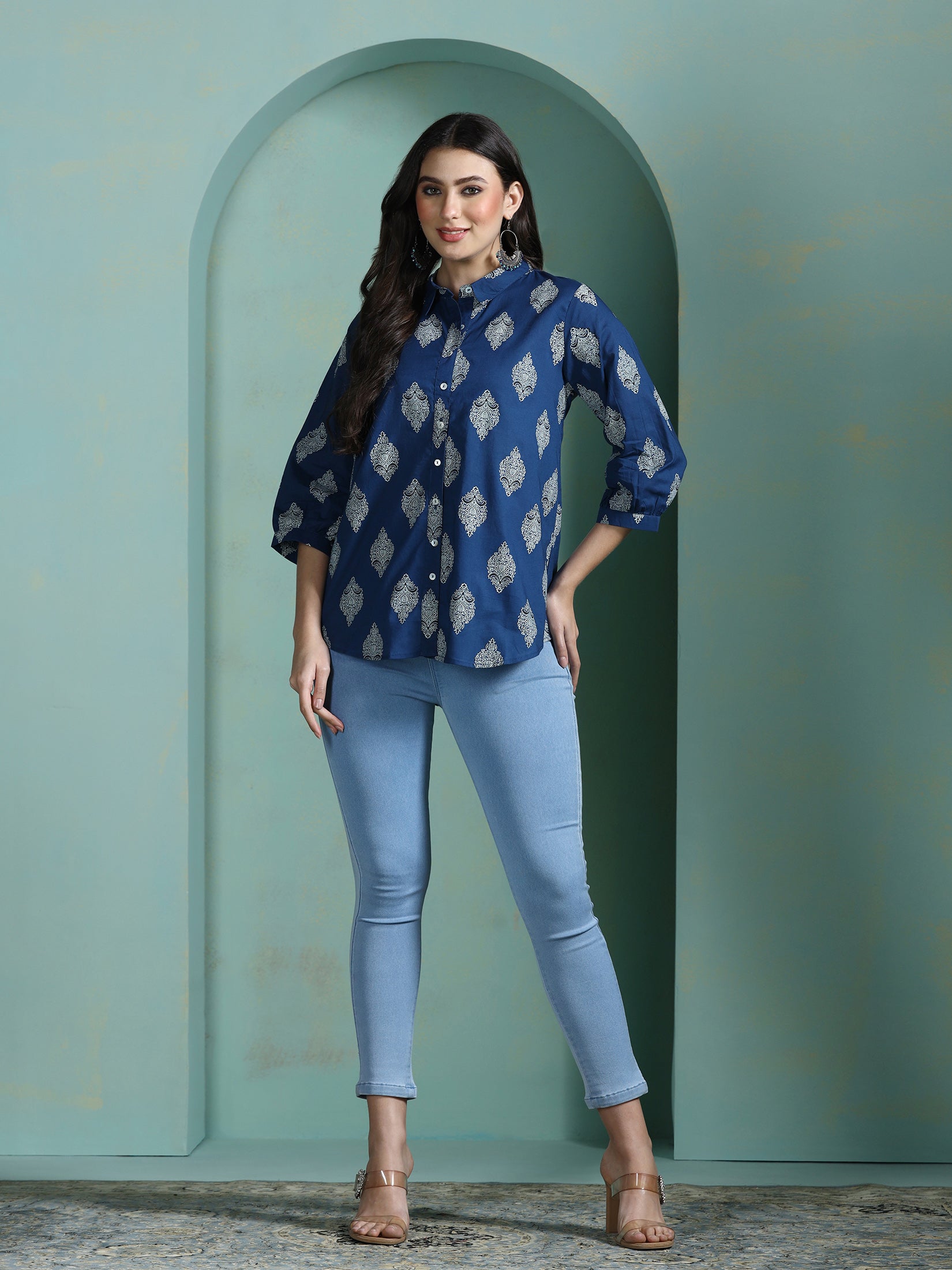 Women Cotton Blue Printed Tunic