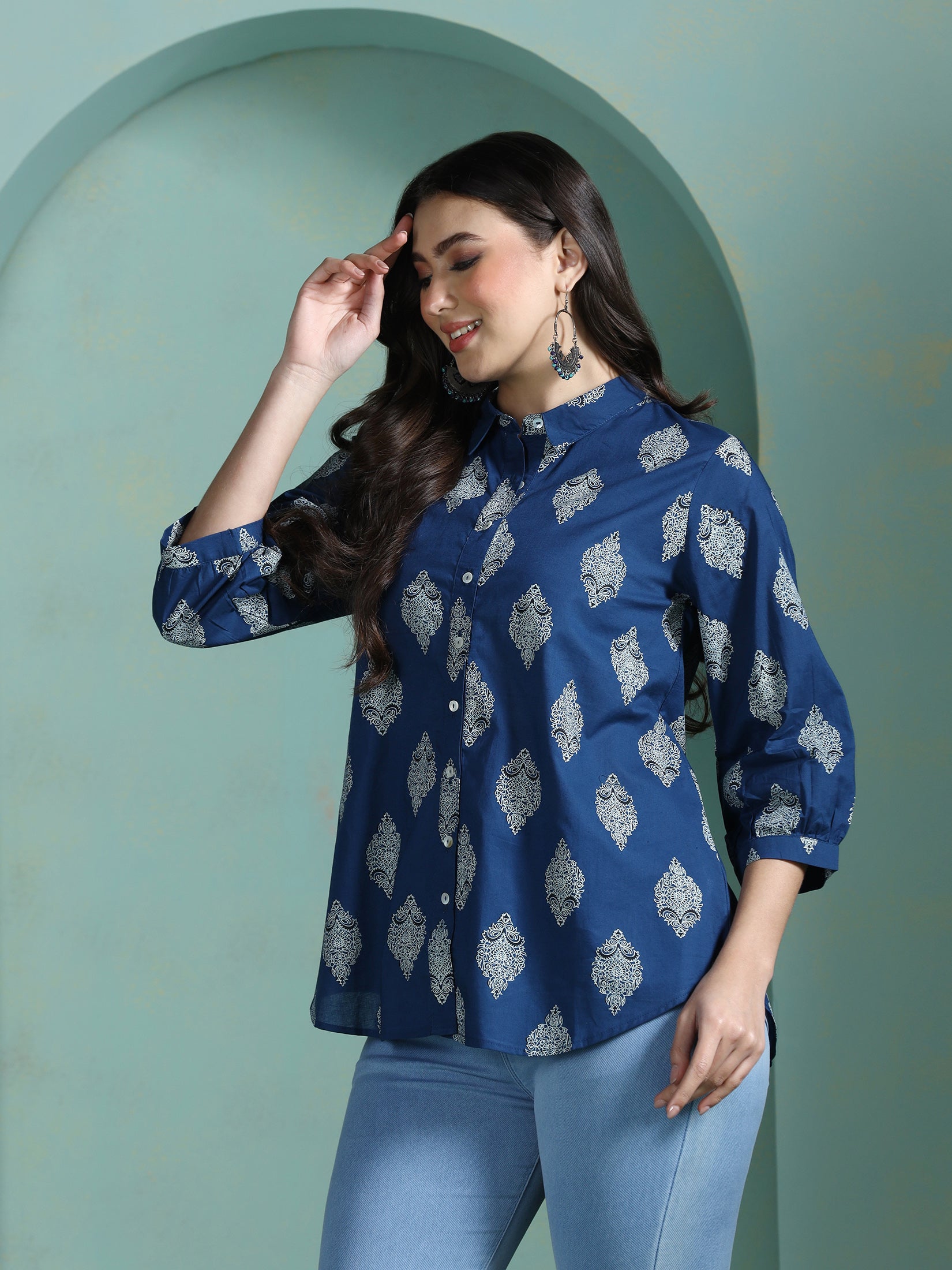 Women Cotton Blue Printed Tunic