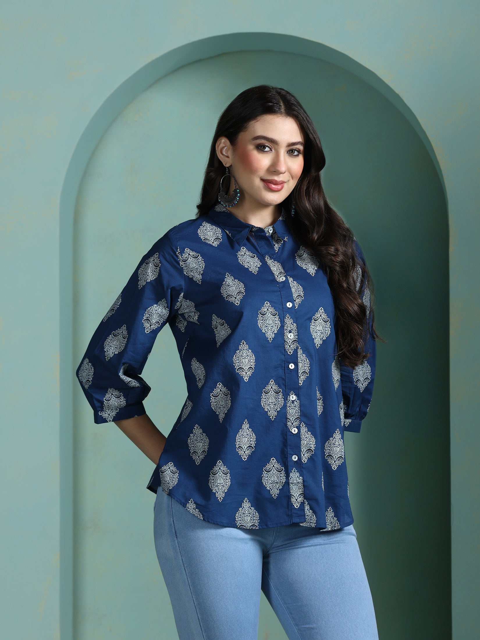 Women Cotton Blue Printed Tunic