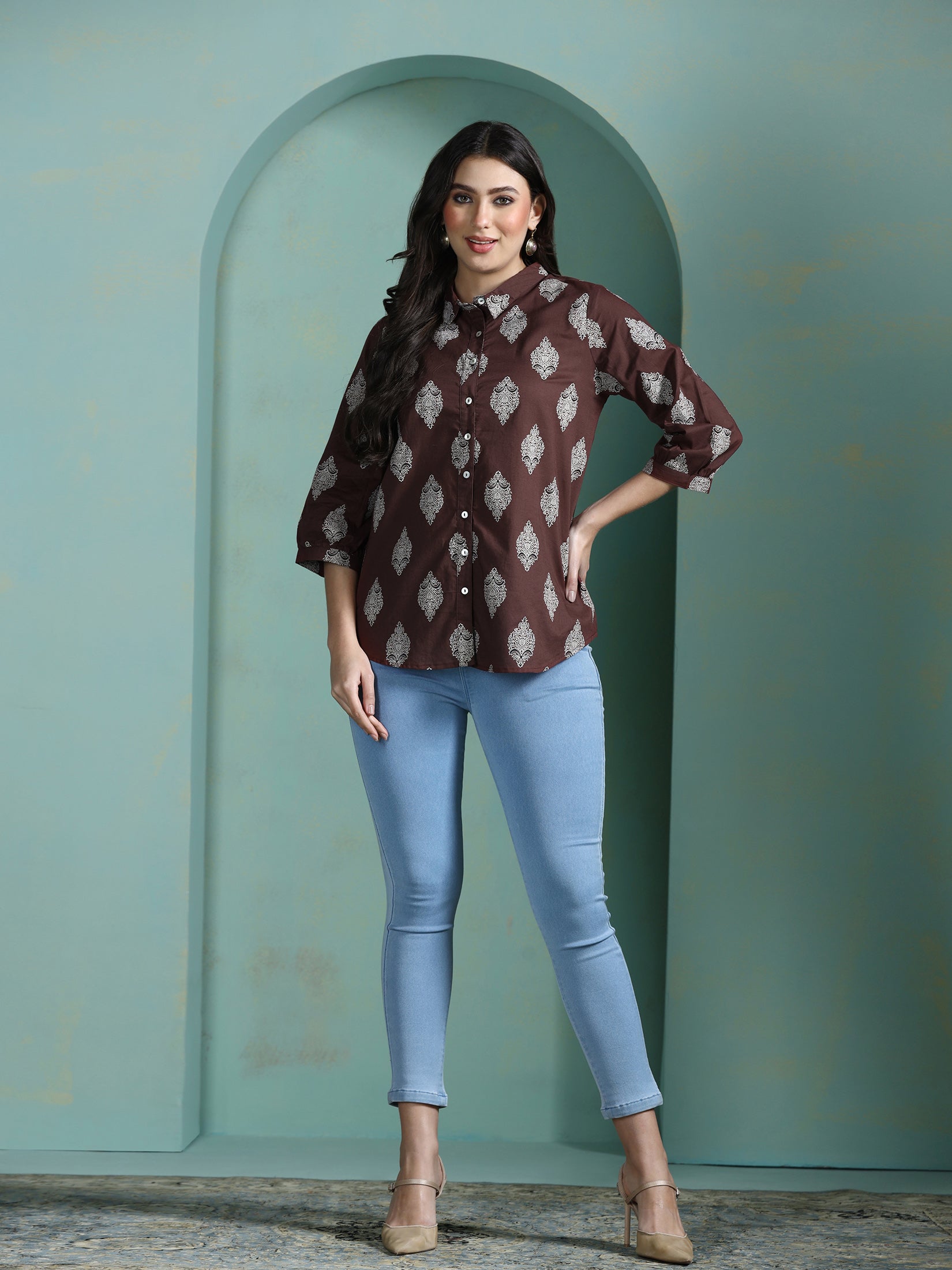 Women Cotton Brown Printed Tunic
