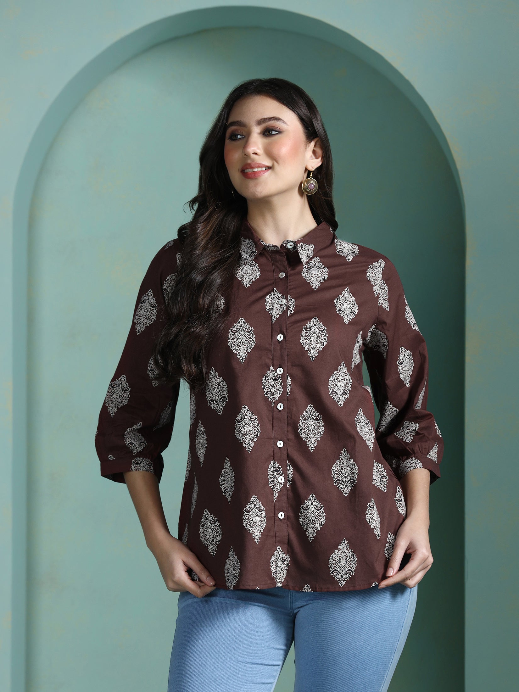 Women Cotton Brown Printed Tunic