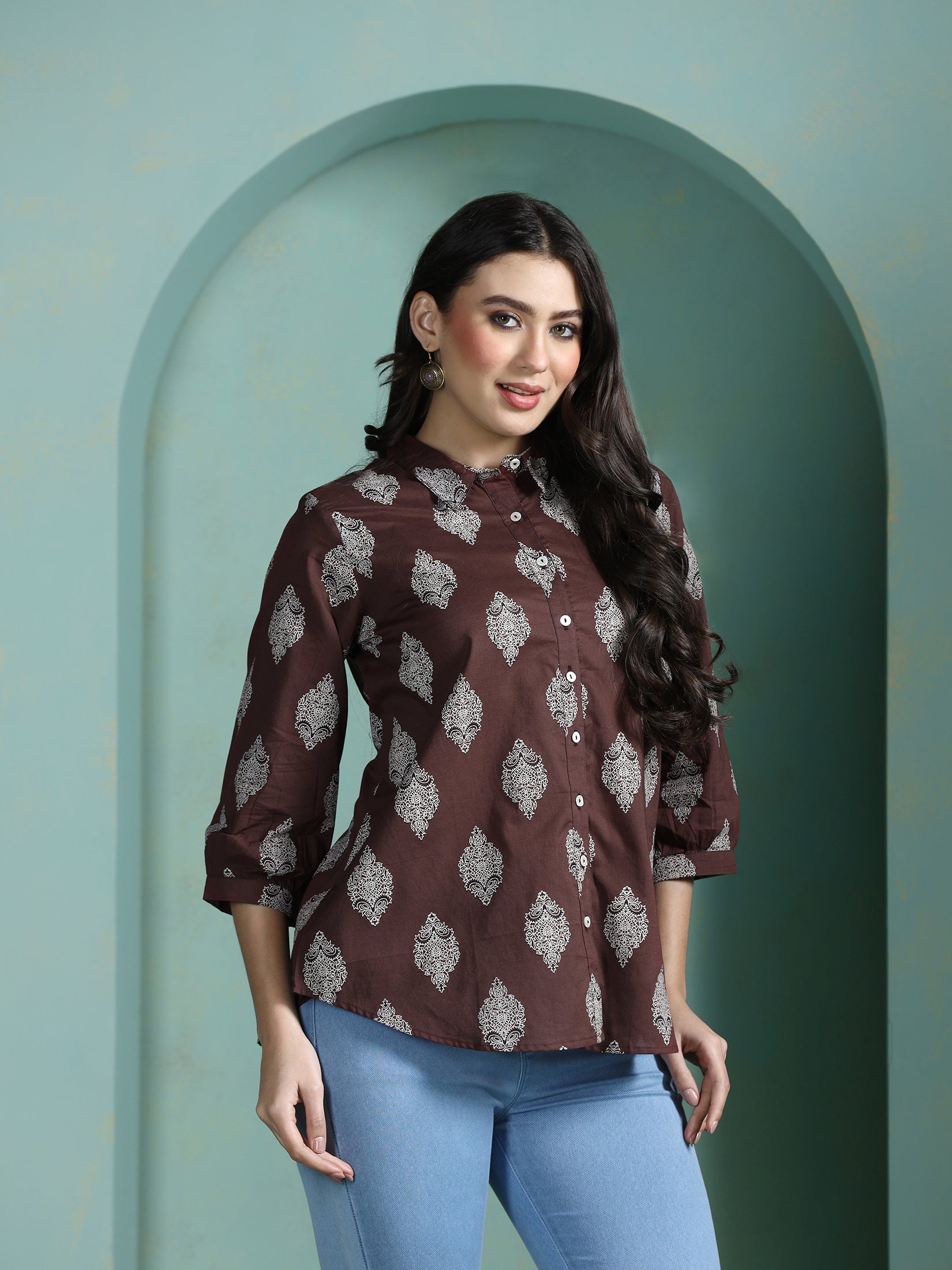 Women Cotton Brown Printed Tunic