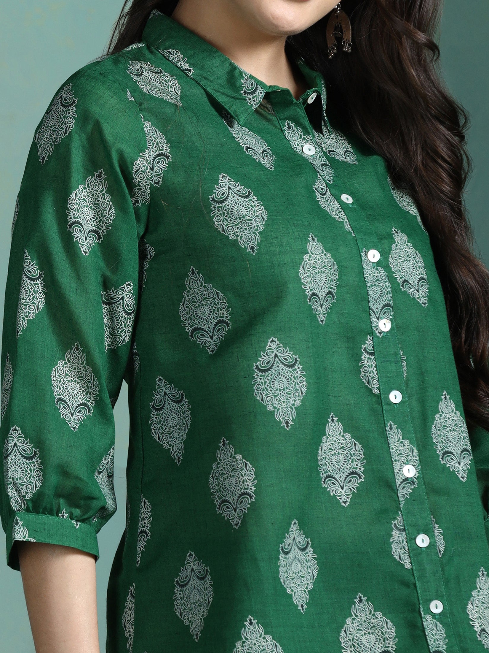 Women Cotton Green Printed Tunic