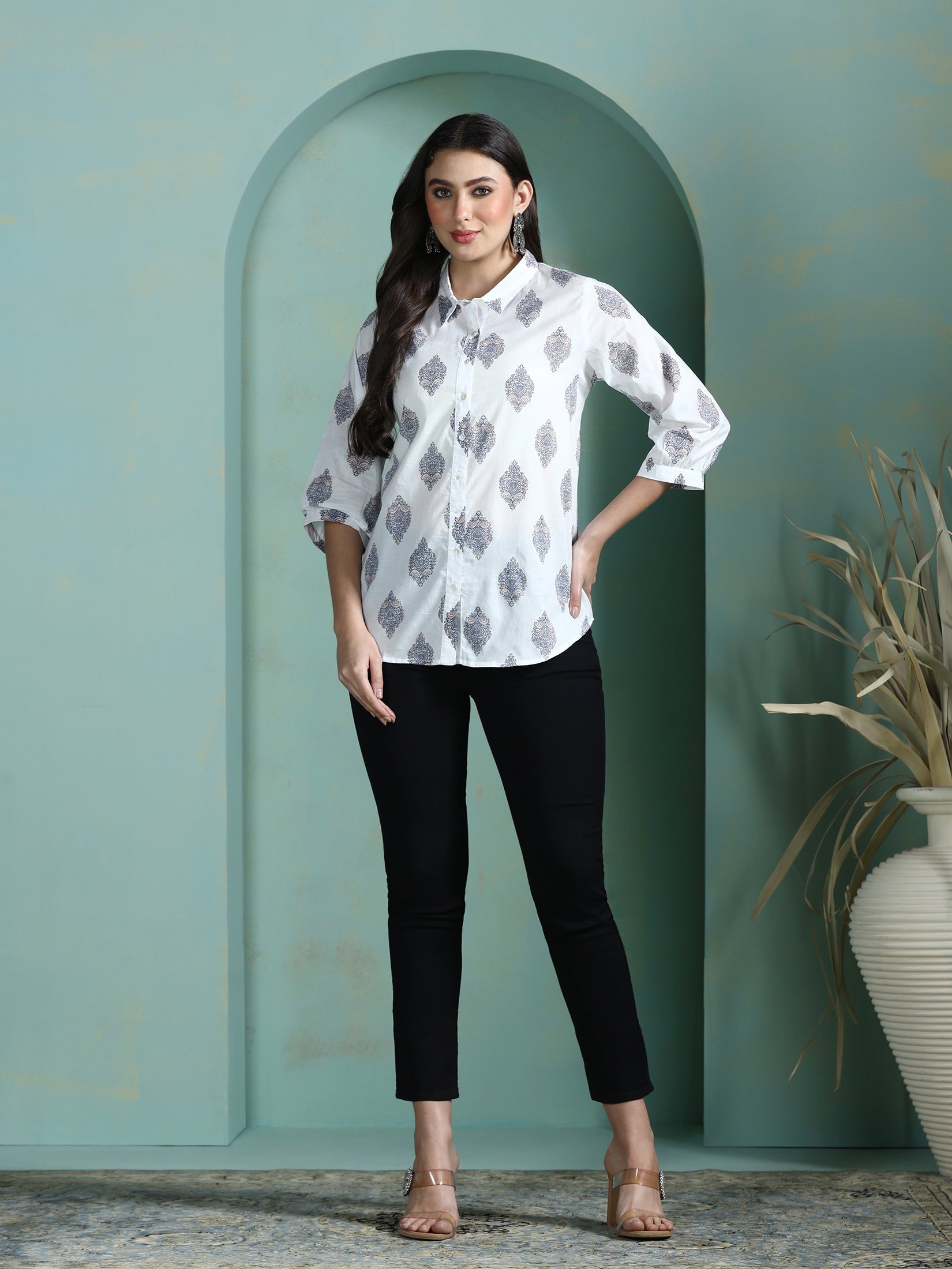 Women Cotton White Printed Tunic