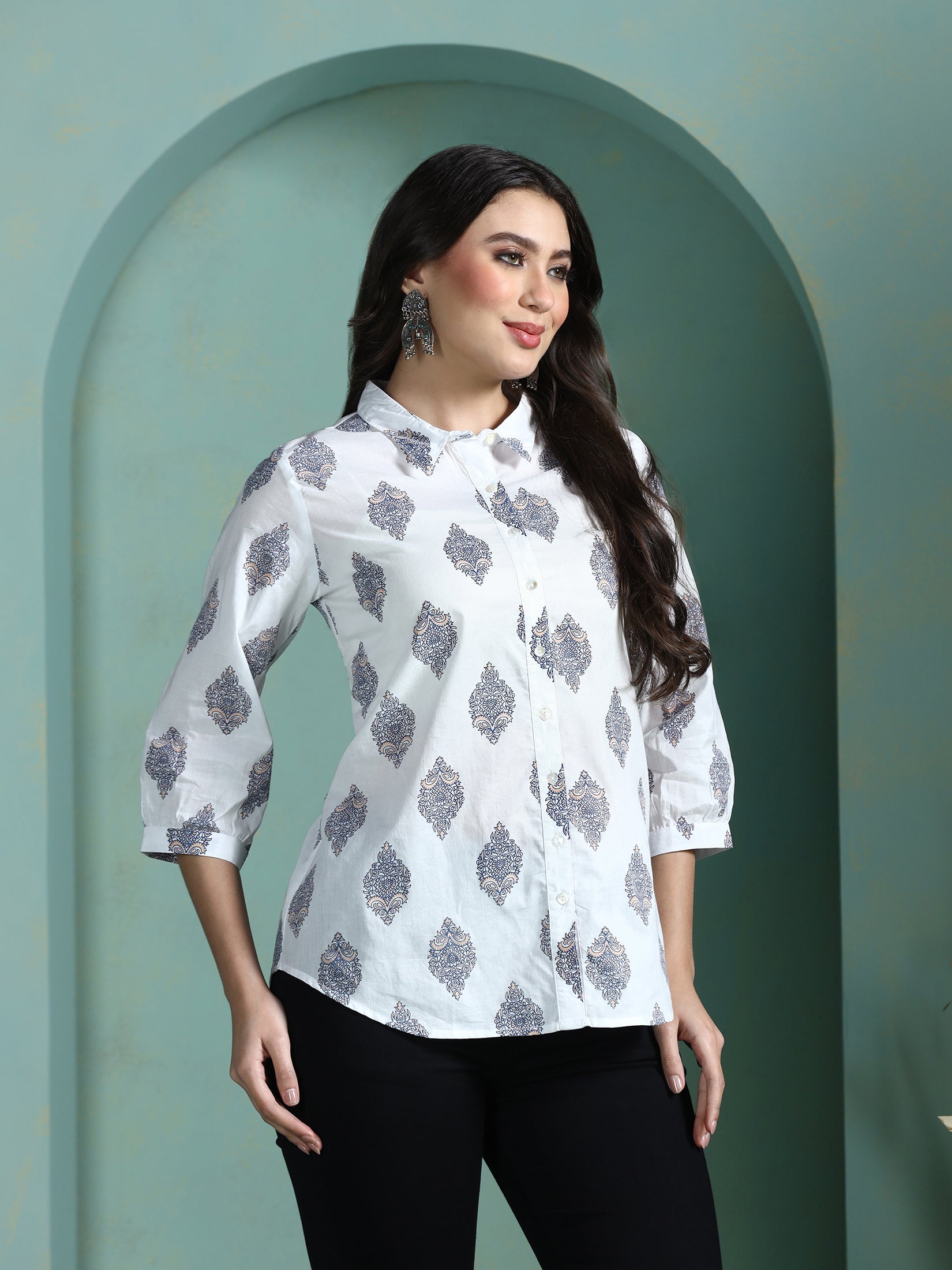 Women Cotton White Printed Tunic