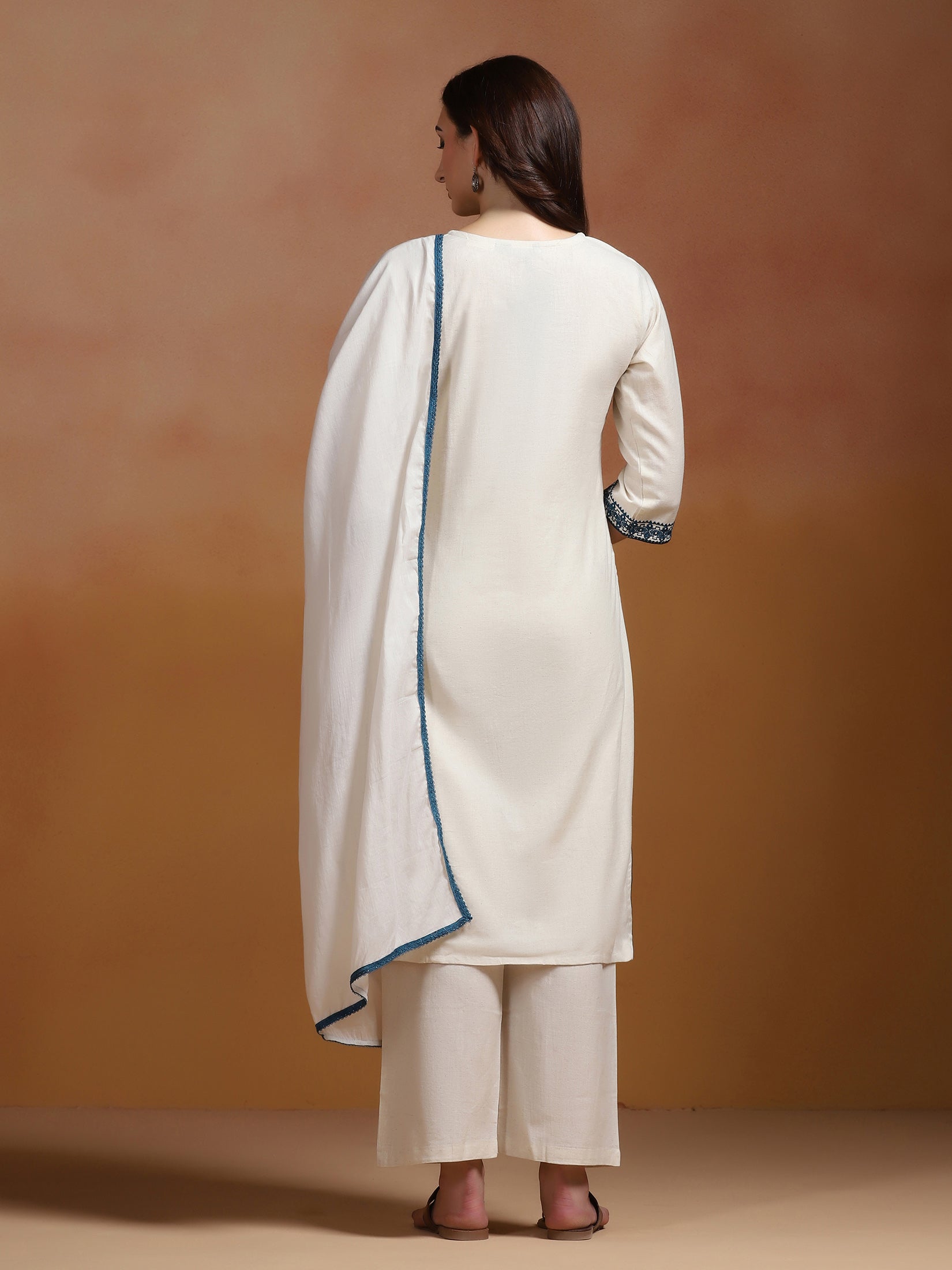 Women Cotton Flex Off White Embroidered Kurta Comfort Pant Dupatta