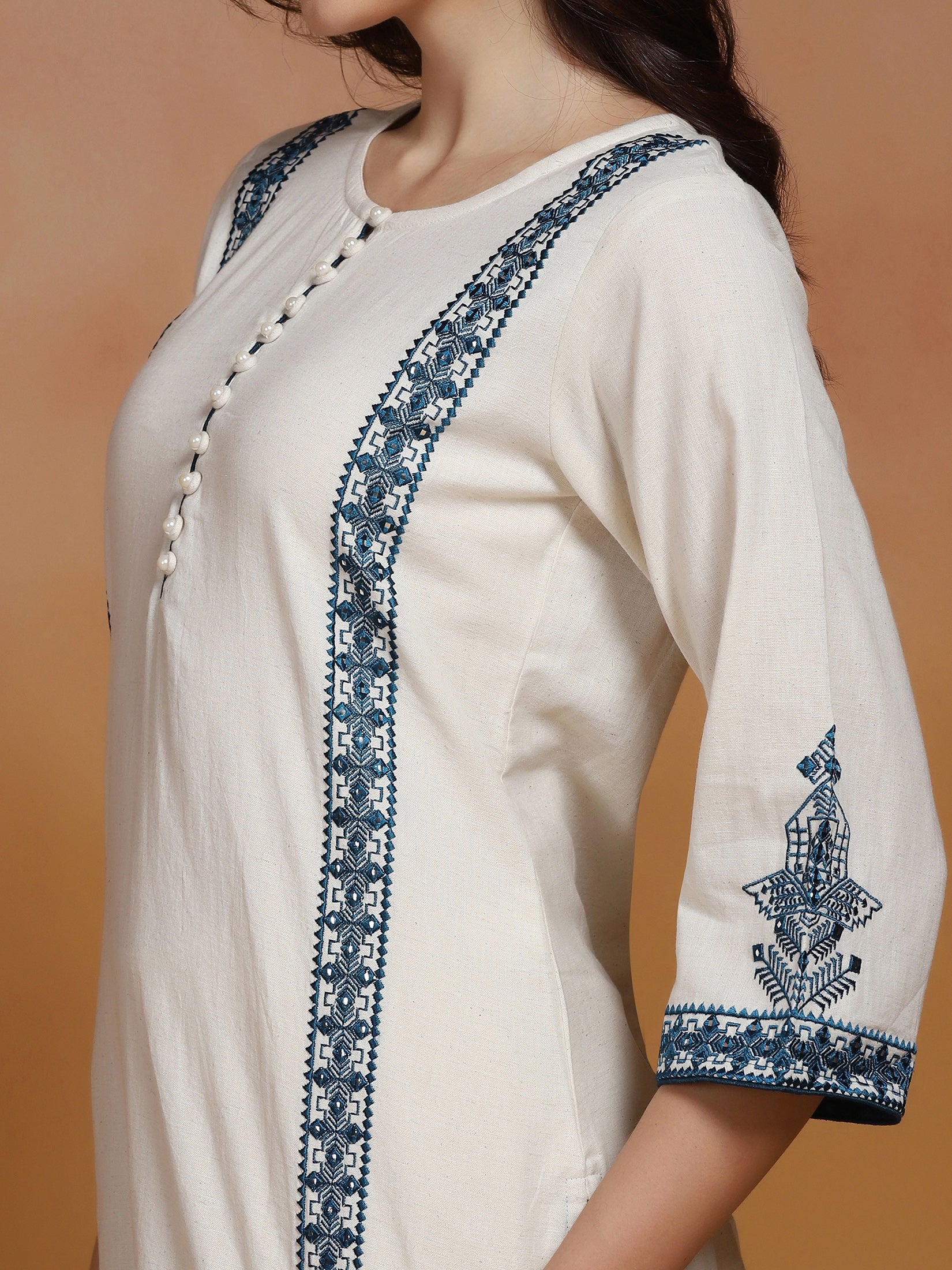 Women Cotton Flex Off White Embroidered Kurta Comfort Pant Dupatta