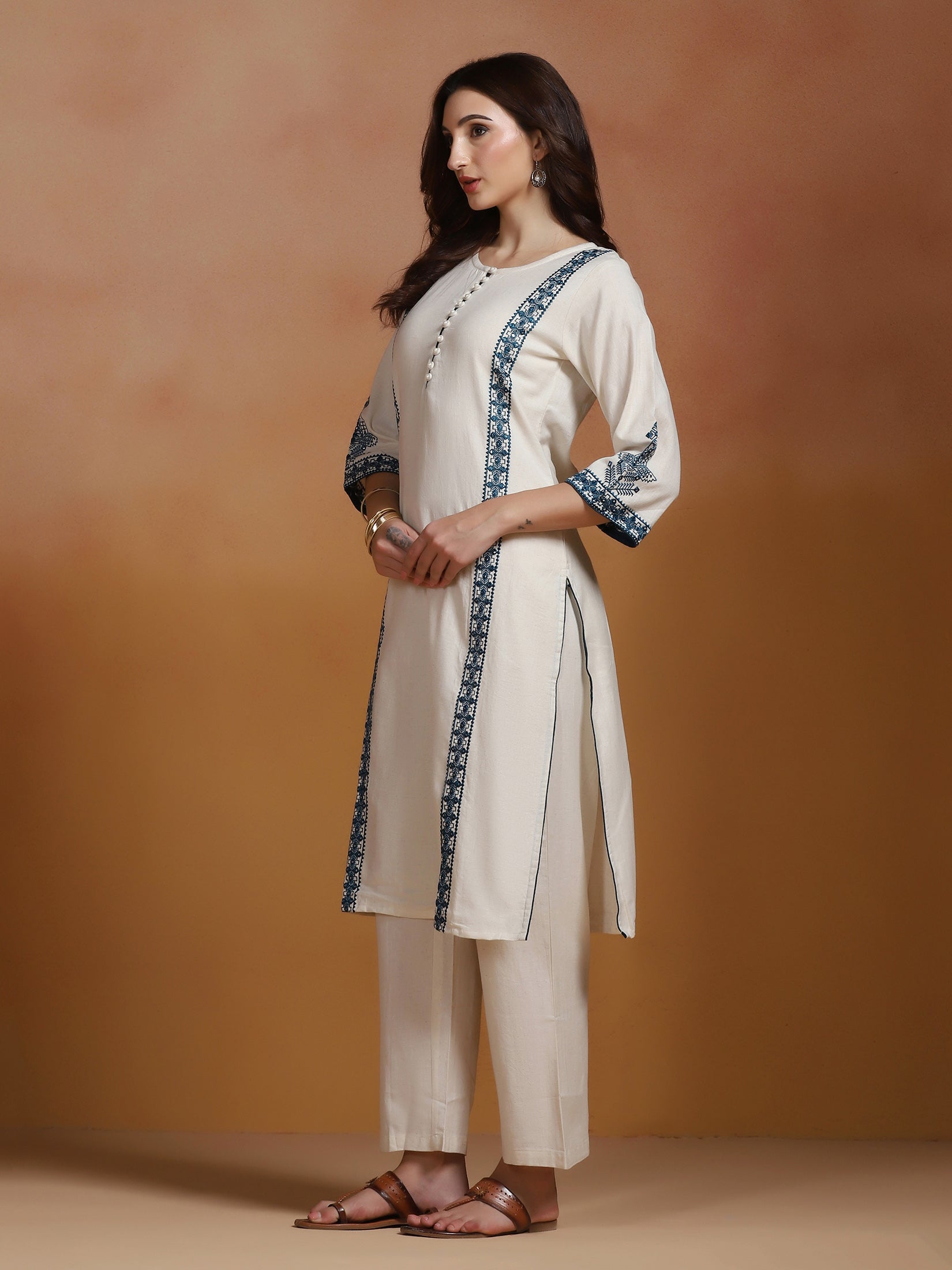 Women Cotton Flex Off White Embroidered Kurta Comfort Pant Dupatta