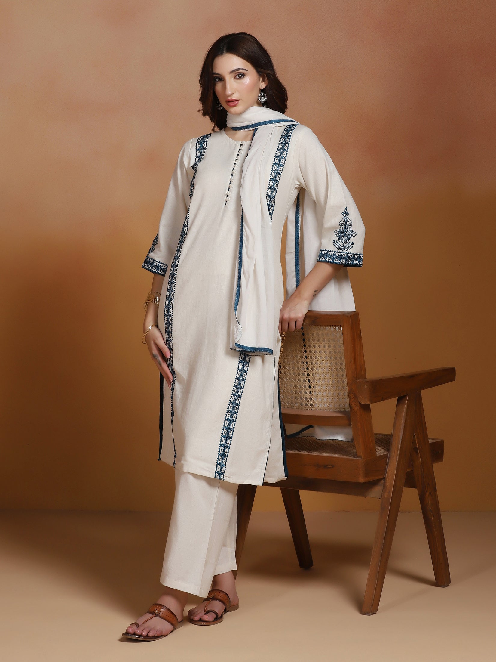 Women Cotton Flex Off White Embroidered Kurta Comfort Pant Dupatta