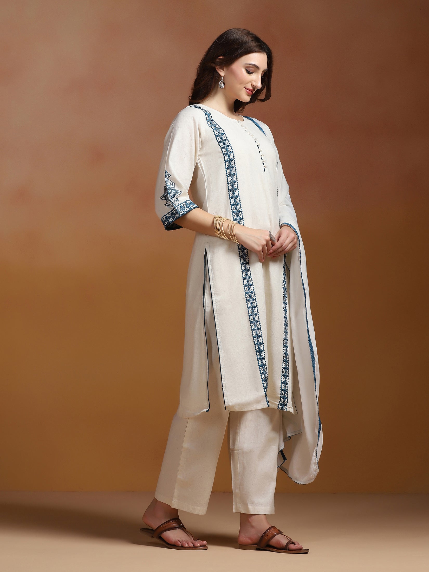 Women Cotton Flex Off White Embroidered Kurta Comfort Pant Dupatta