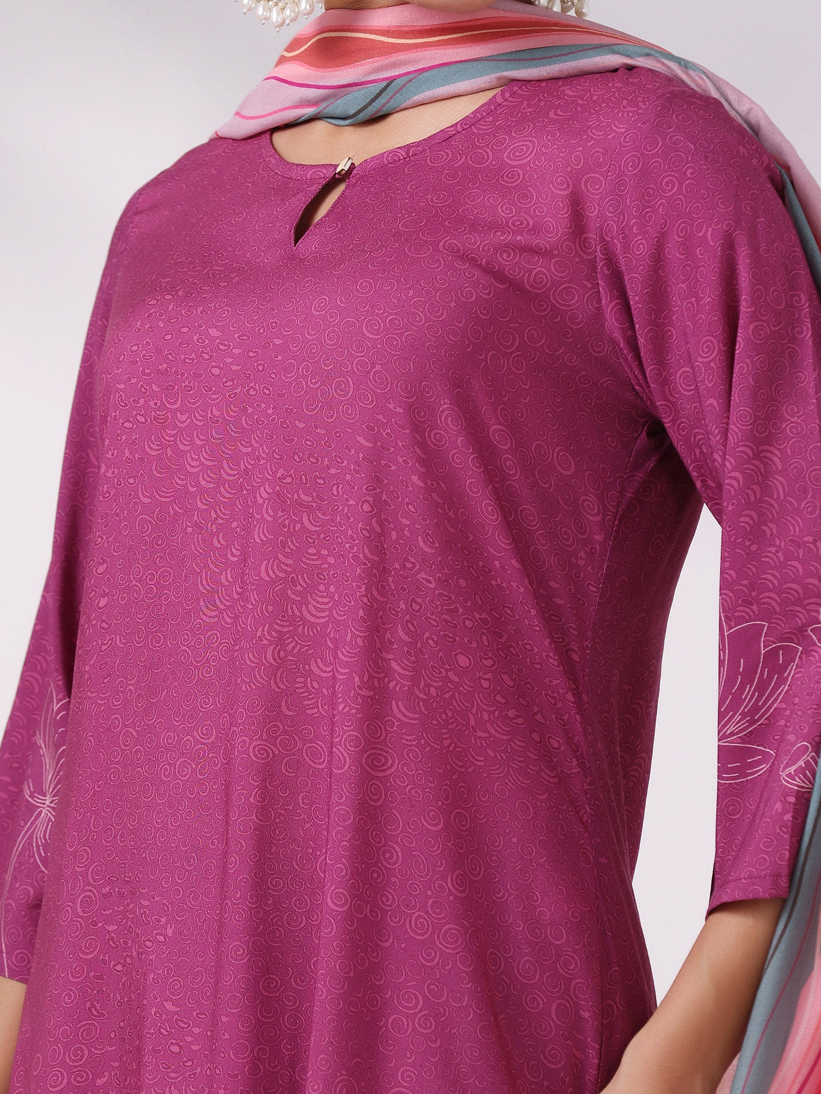 Women Liva Purple Printed Kurta Comfort Pant Dupatta