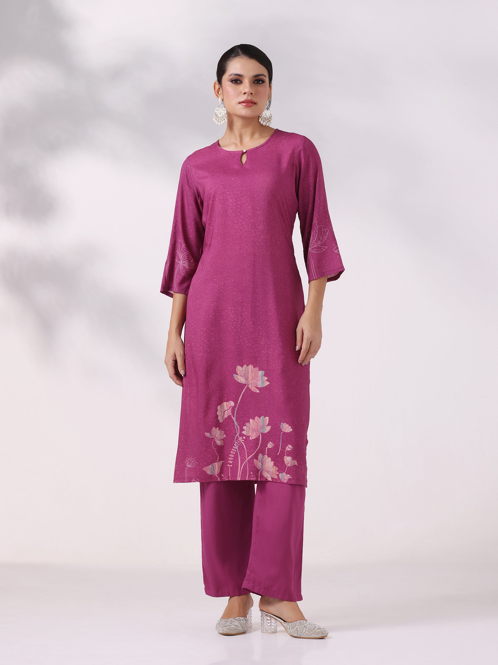 Women Liva Purple Printed Kurta Comfort Pant Dupatta