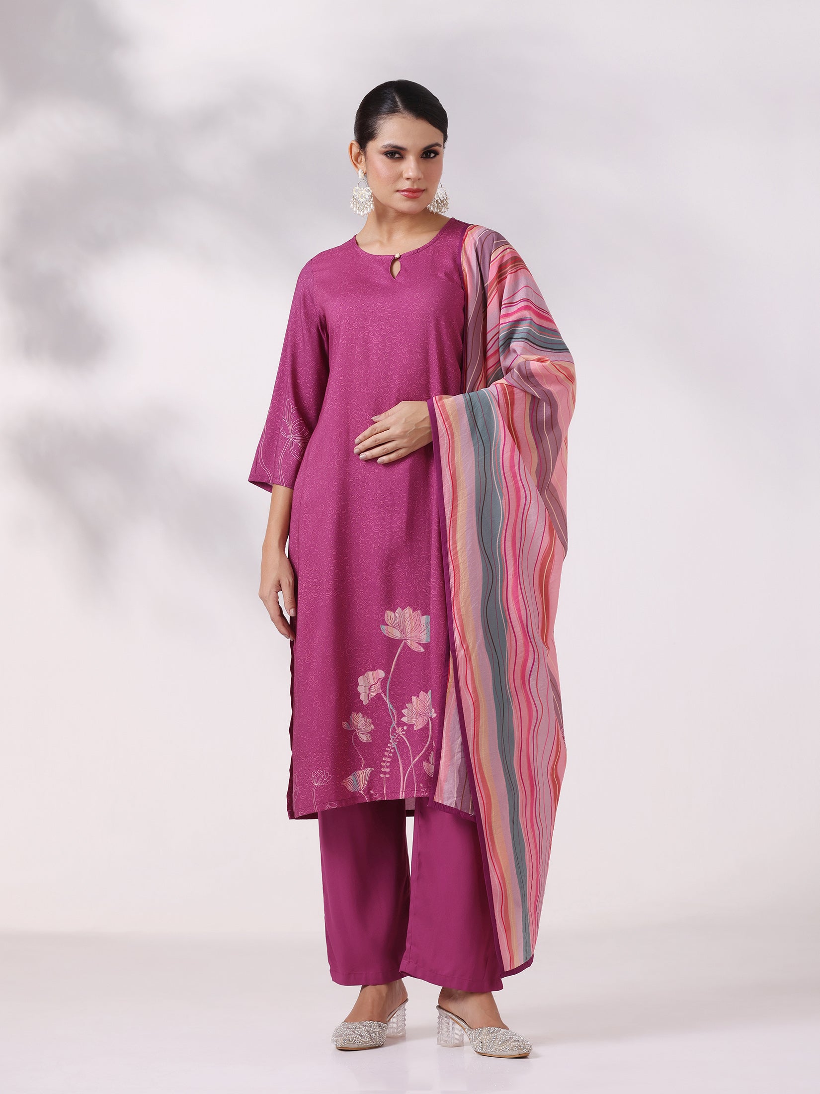Women Liva Purple Printed Kurta Comfort Pant Dupatta