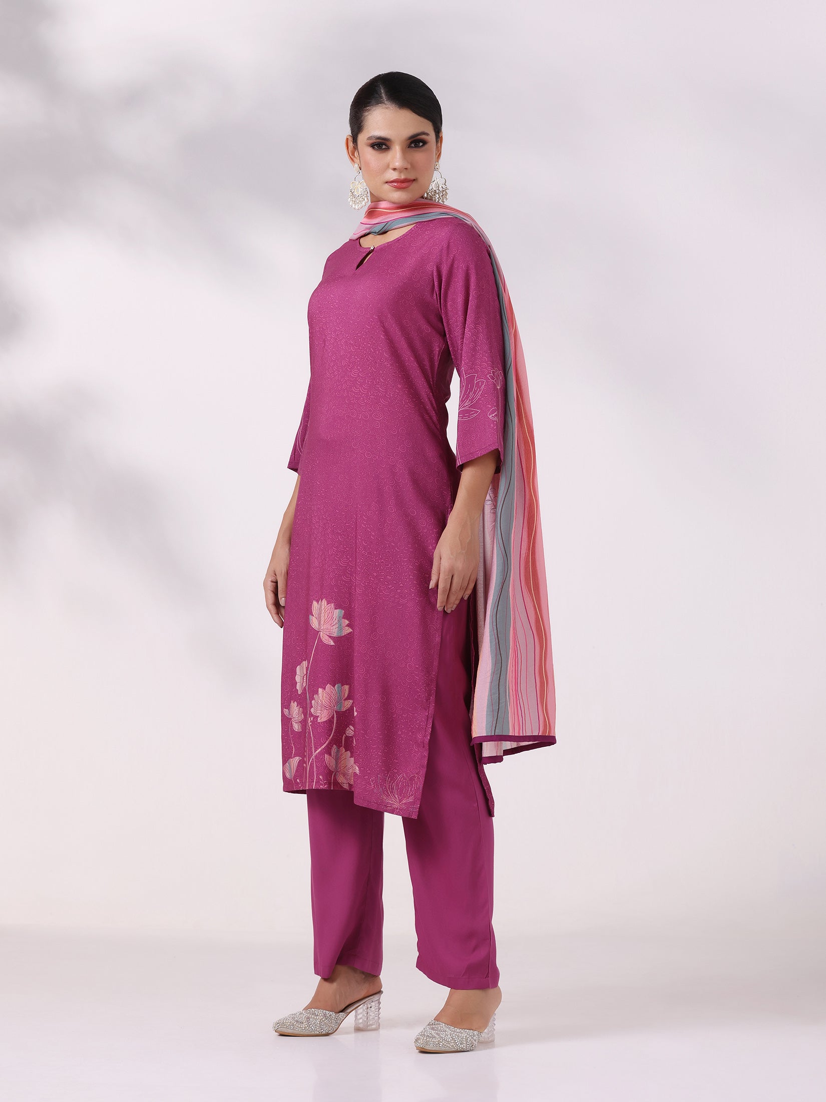 Women Liva Purple Printed Kurta Comfort Pant Dupatta