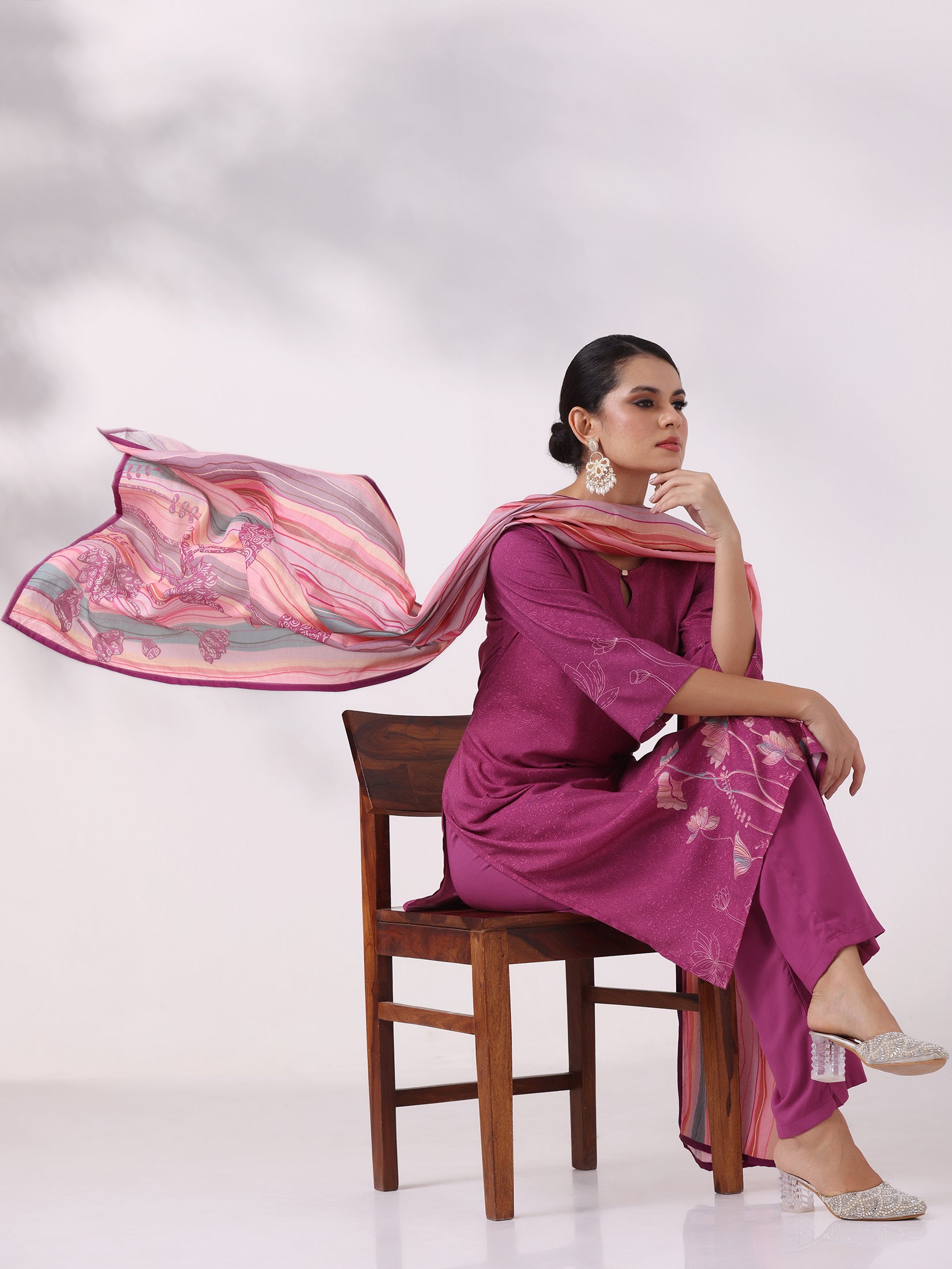Women Liva Purple Printed Kurta Comfort Pant Dupatta