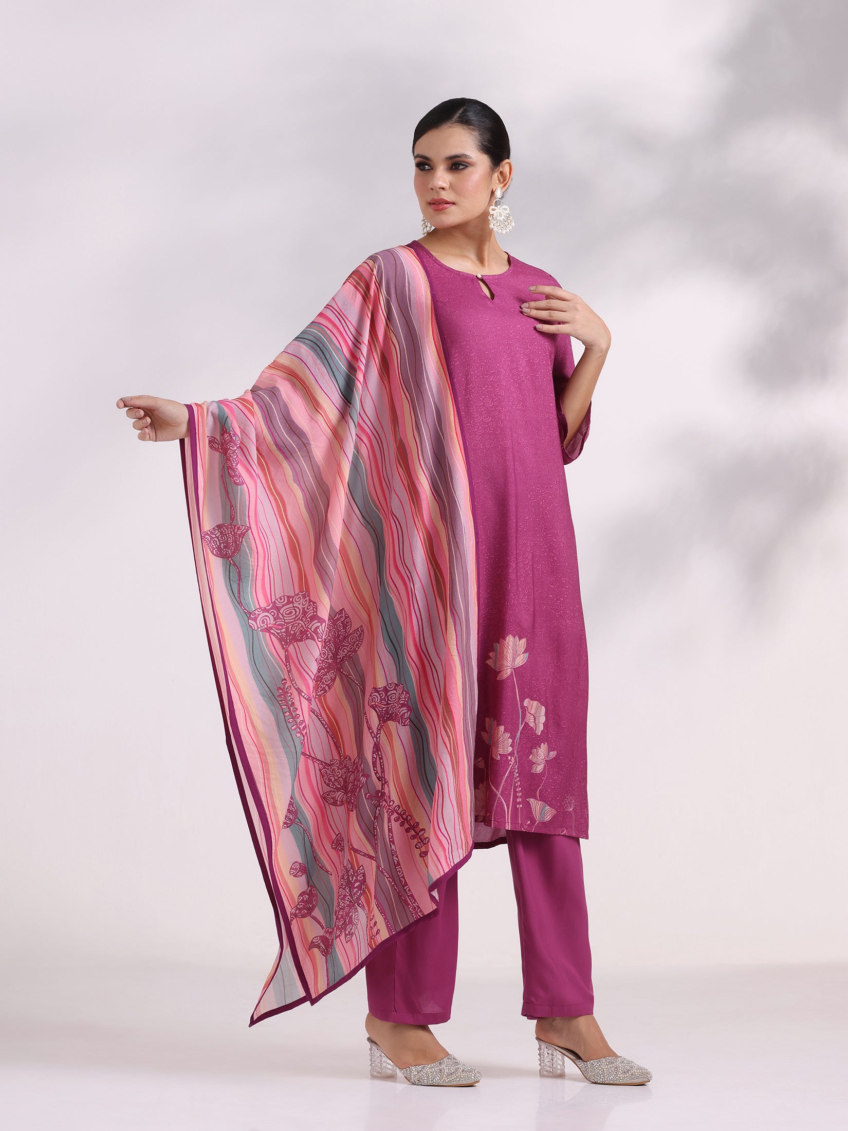 Women Liva Purple Printed Kurta Comfort Pant Dupatta