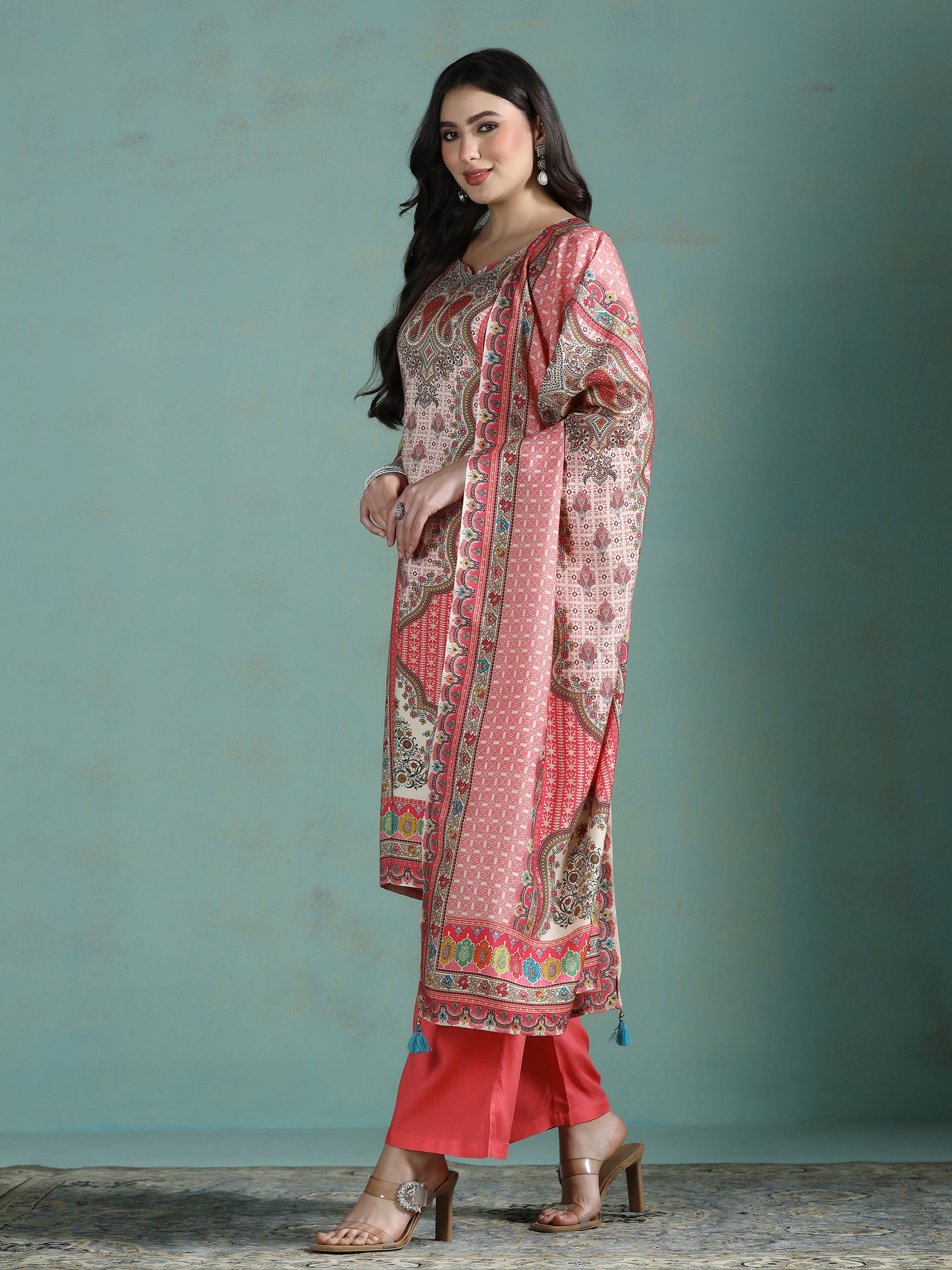 Women Liva Pink Multi Printed Kurta Comfort Pant Dupatta