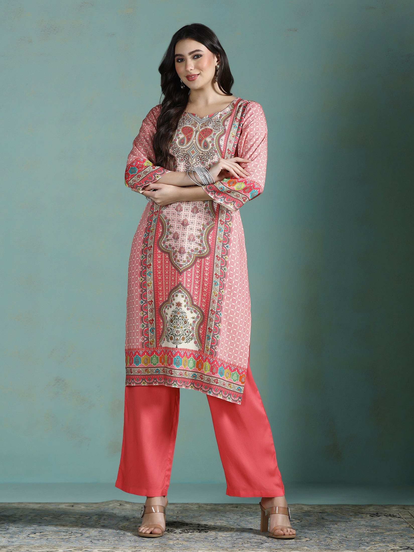 Women Liva Pink Multi Printed Kurta Comfort Pant Dupatta