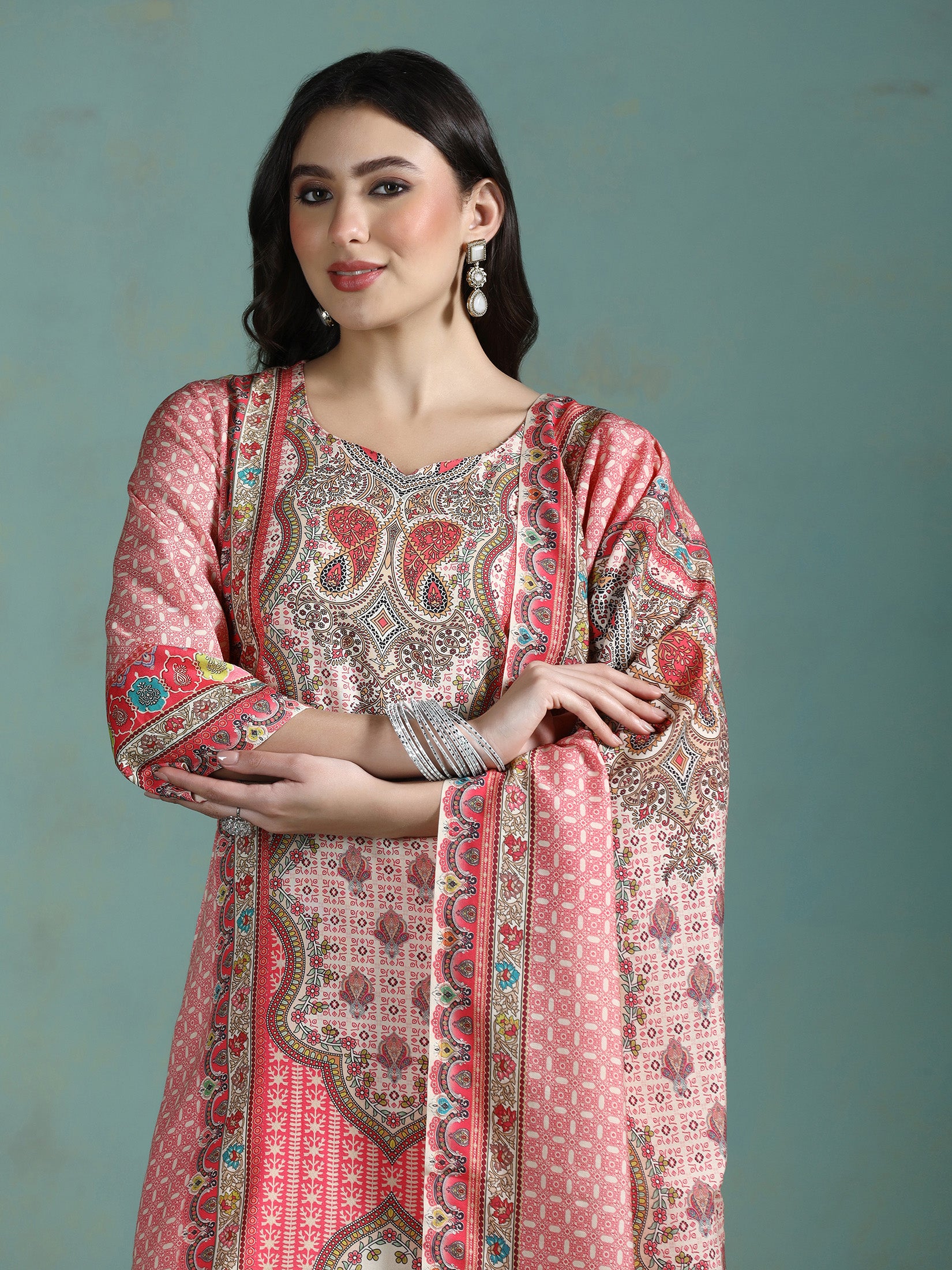 Women Liva Pink Multi Printed Kurta Comfort Pant Dupatta