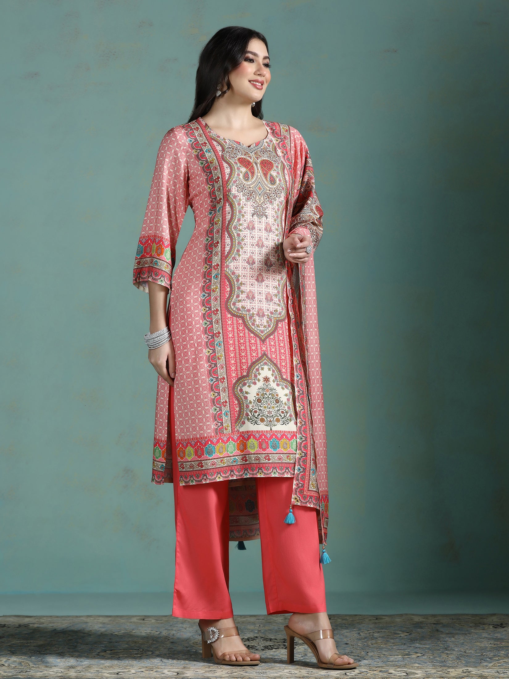 Women Liva Pink Multi Printed Kurta Comfort Pant Dupatta