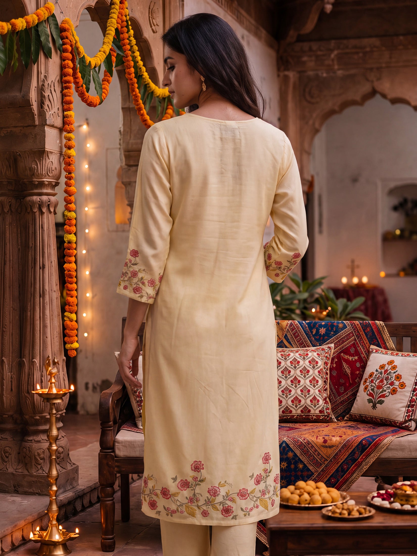 Women Liva Cream Floral Print Kurta Comfort Pant Dupatta