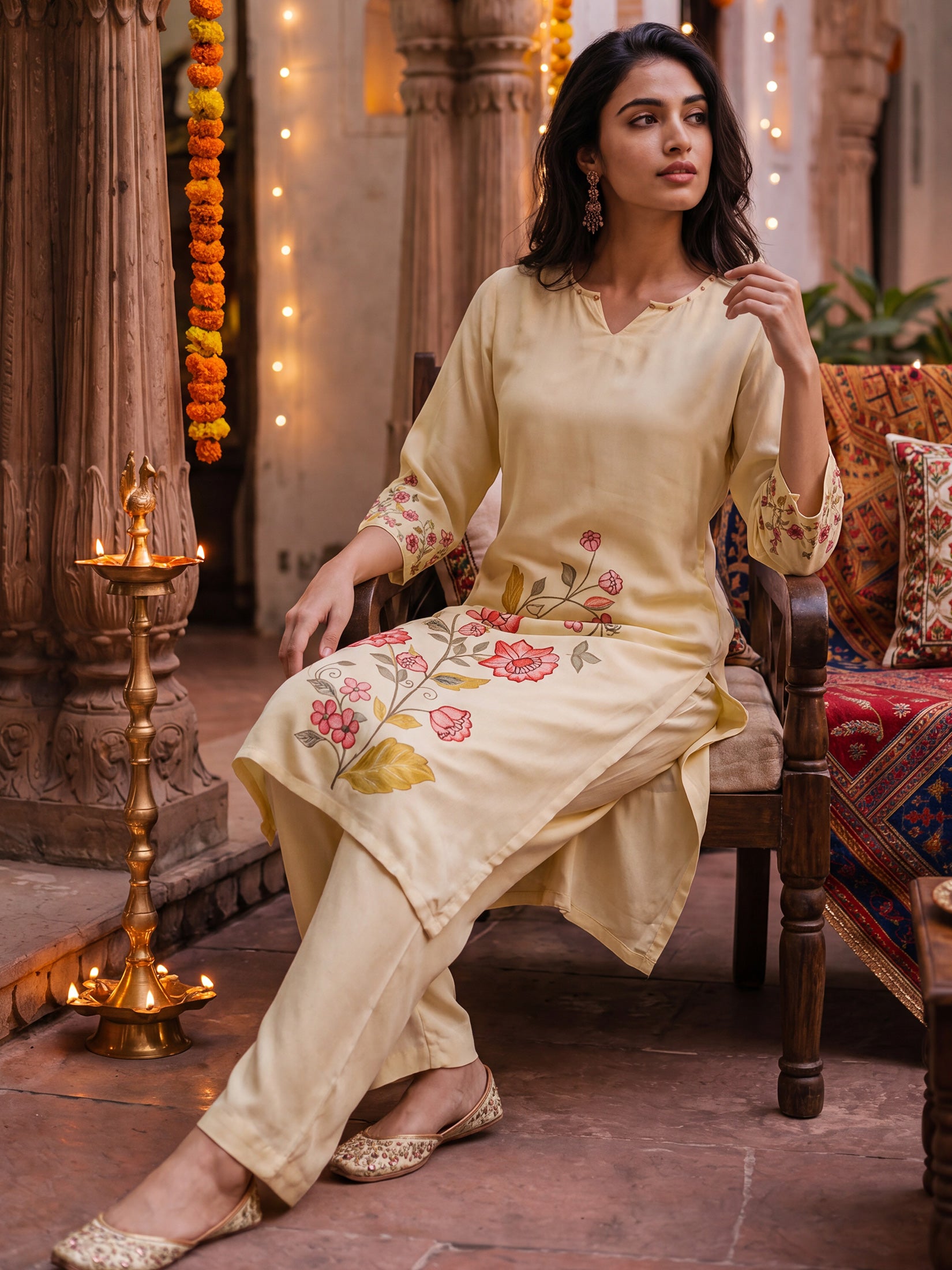 Women Liva Cream Floral Print Kurta Comfort Pant Dupatta