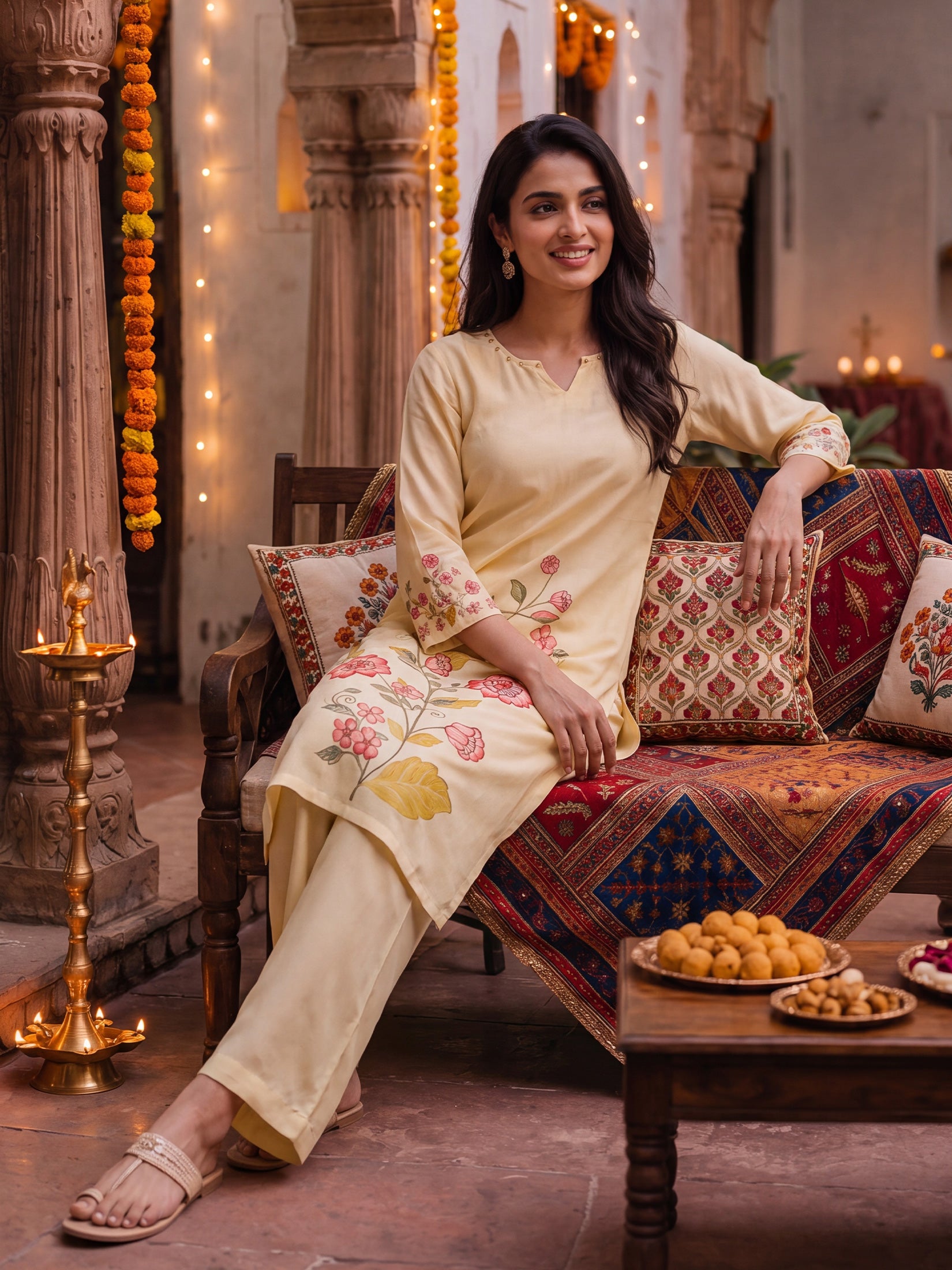 Women Liva Cream Floral Print Kurta Comfort Pant Dupatta