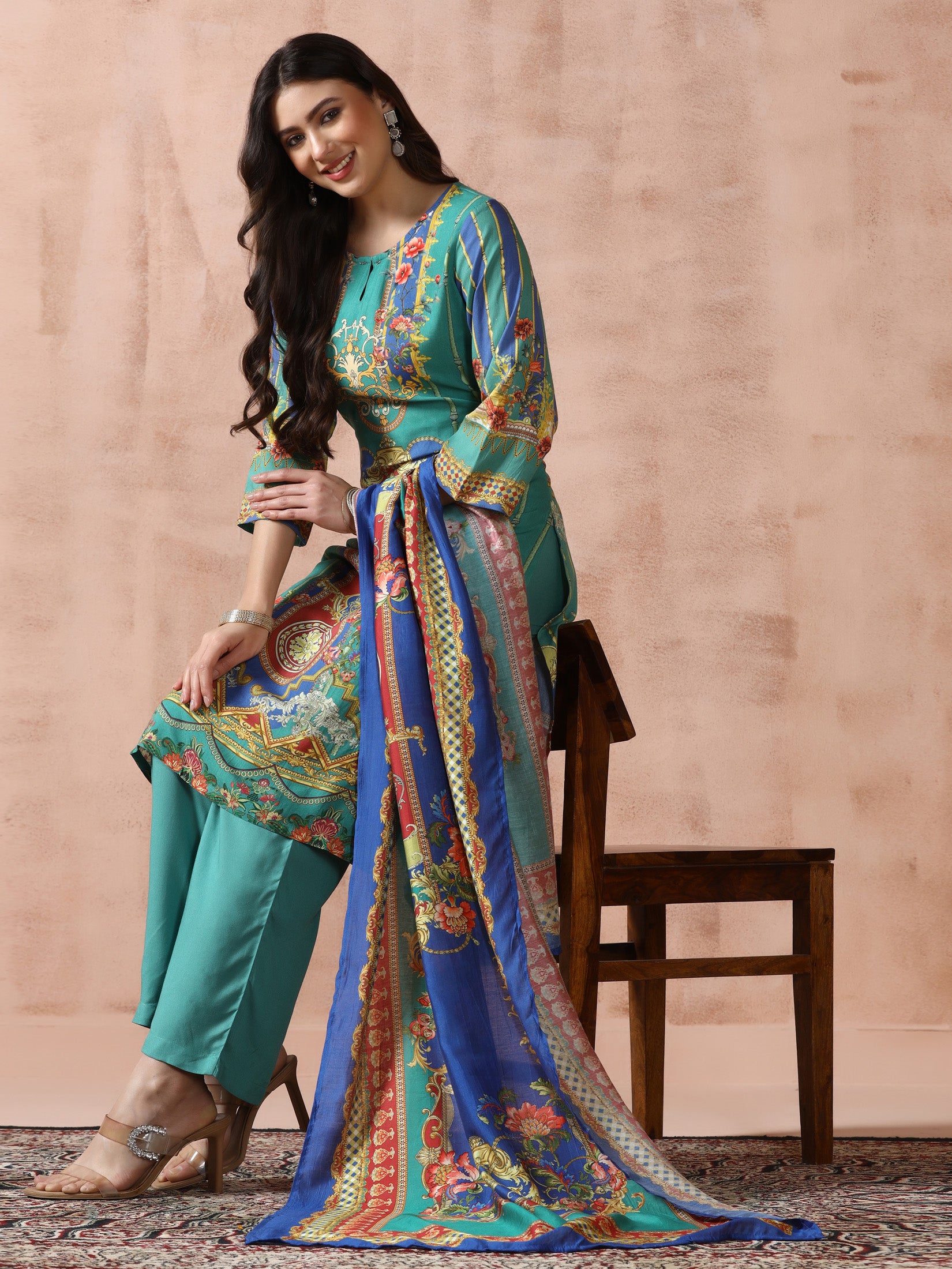 Women Liva Rayon Green Printed Kurta Comfort Pant Dupatta