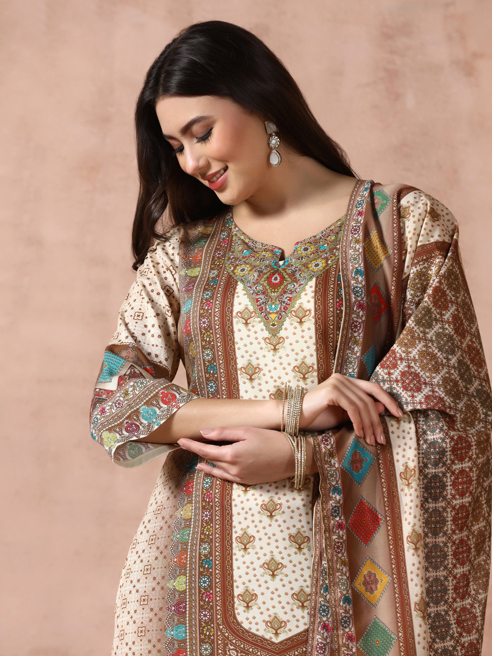 Women Liva Off-white Multicolor Printed Kurta Comfort Pant Dupatta