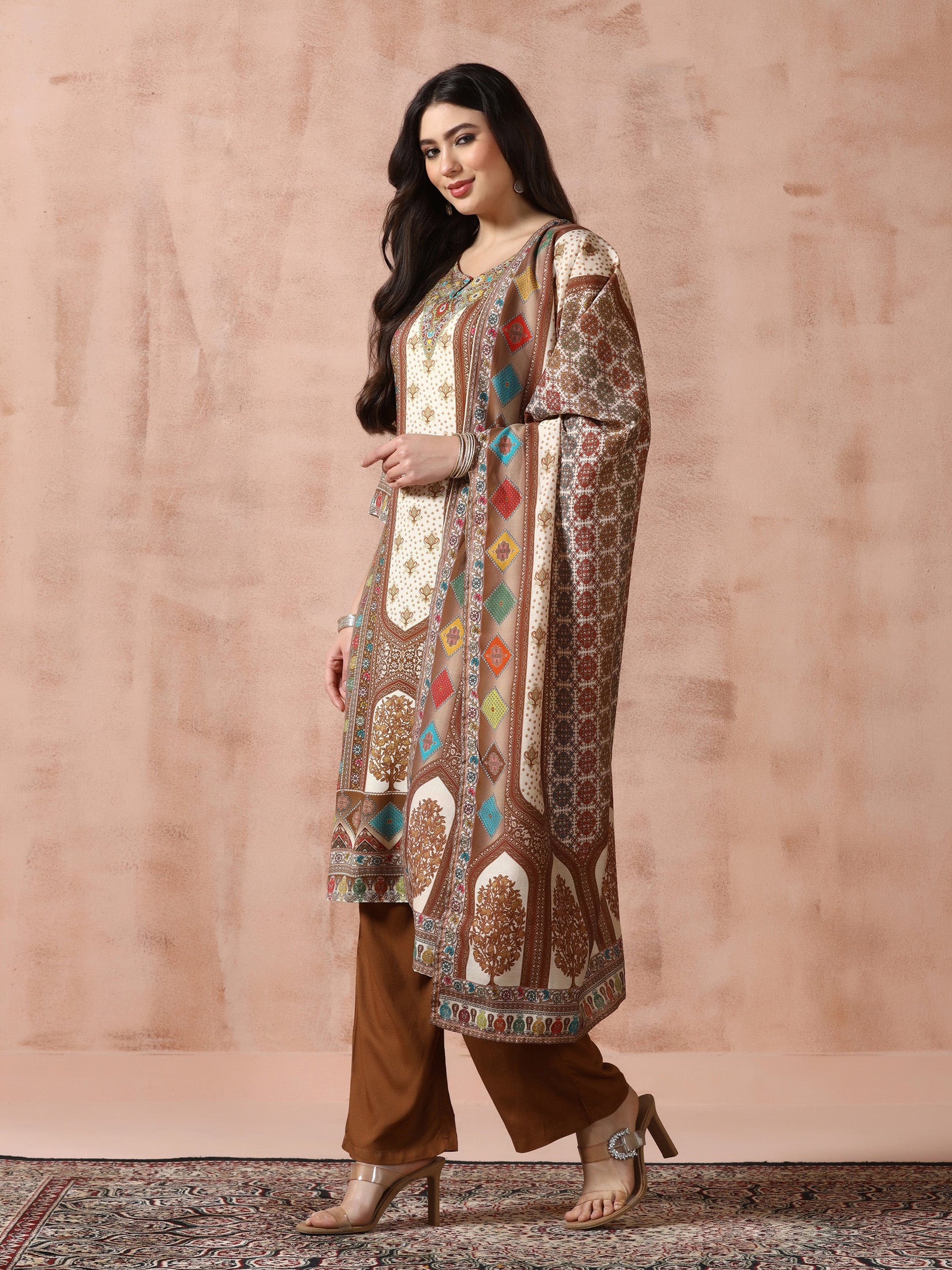 Women Liva Off-white Multicolor Printed Kurta Comfort Pant Dupatta